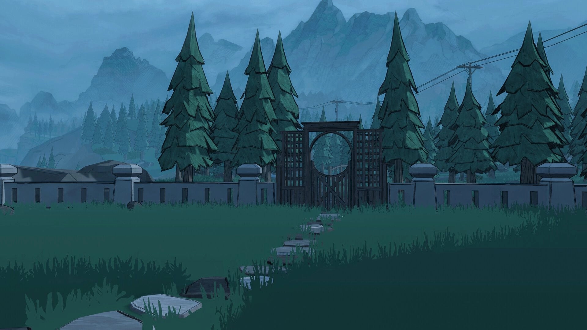 Blue Prince: Path leading to a wooden gate in a forest with mountains in the background