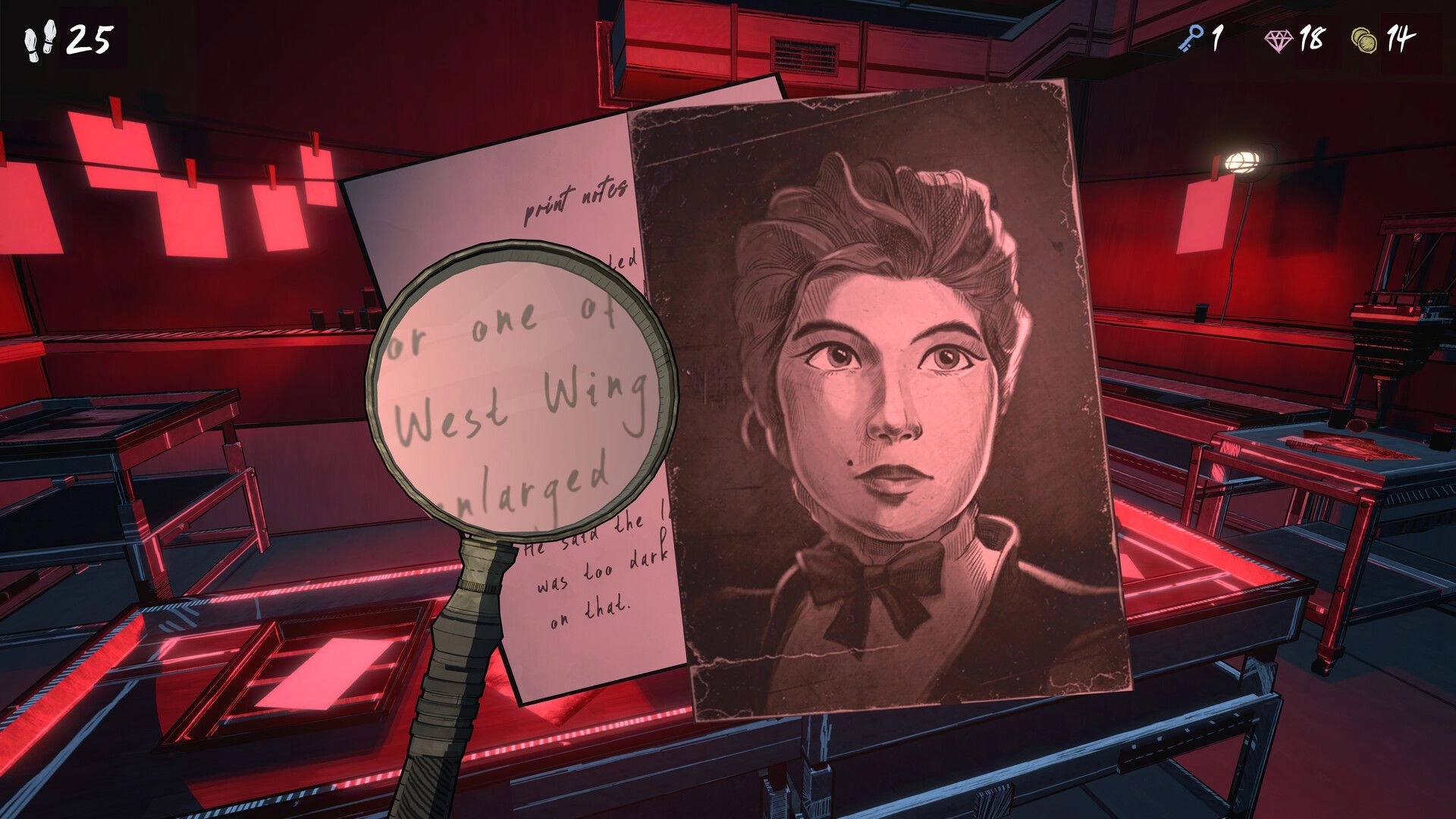 Blue Prince: Magnifying glass inspects notes and portrait in a red-lit laboratory room