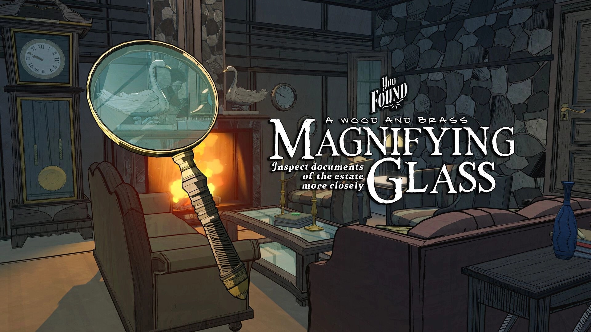 Blue Prince: Magnifying glass discovery in cozy living room with fireplace and vintage clock