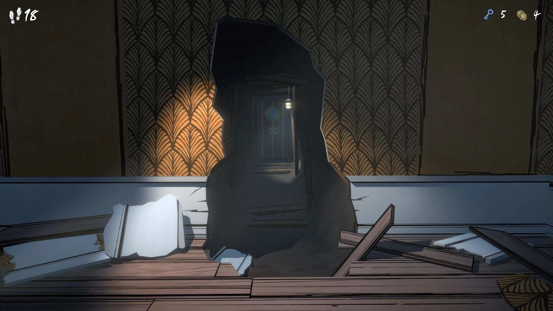 Blue Prince: Dark passageway revealed through broken wall in ornate room with footsteps and coins UI