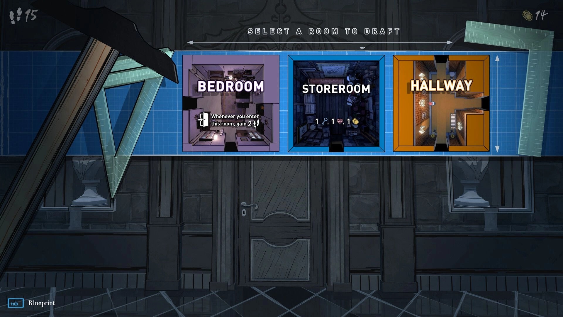 Blue Prince: Room selection screen with options for Bedroom, Storeroom, and Hallway in a dark hallway.
