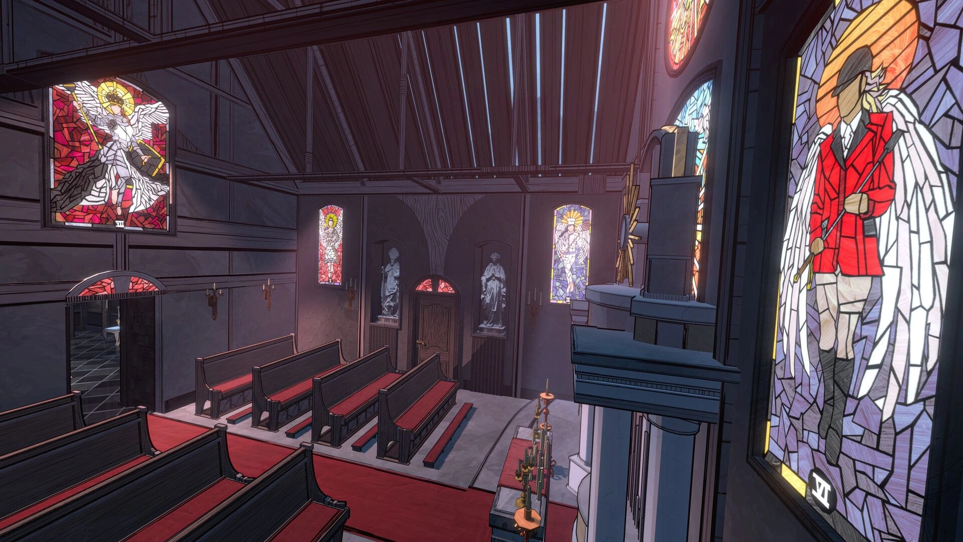 Blue Prince: Empty chapel interior with stained glass windows and red-cushioned pews illuminated by light