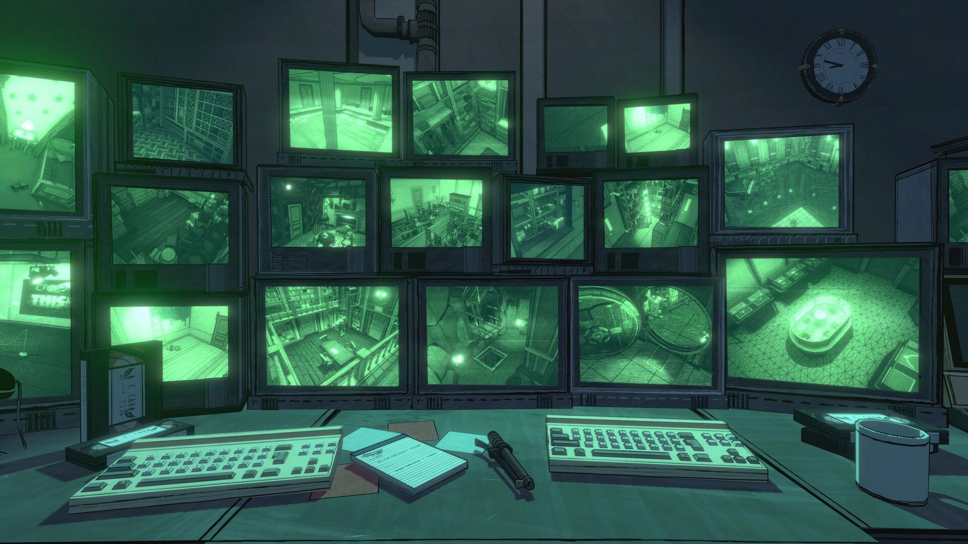 Blue Prince: Surveillance room with multiple screens showing green-tinted views of mysterious corridors