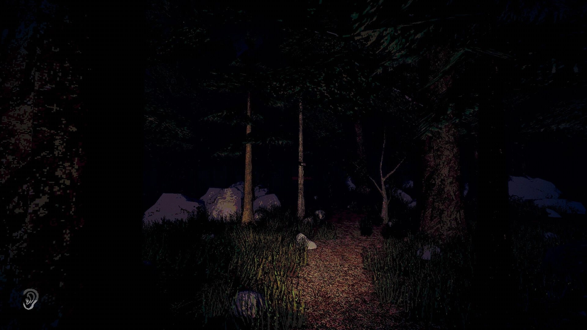 Blue Ridge Hunting: Dark forest path with trees and rocks, illuminated by moonlight, eerie ambiance.