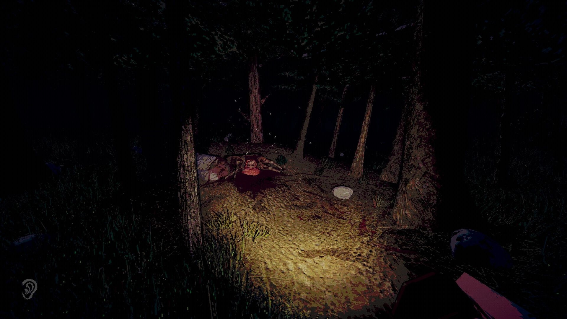 Blue Ridge Hunting: Player investigates remains in dark forest with flashlight and ear icon visible