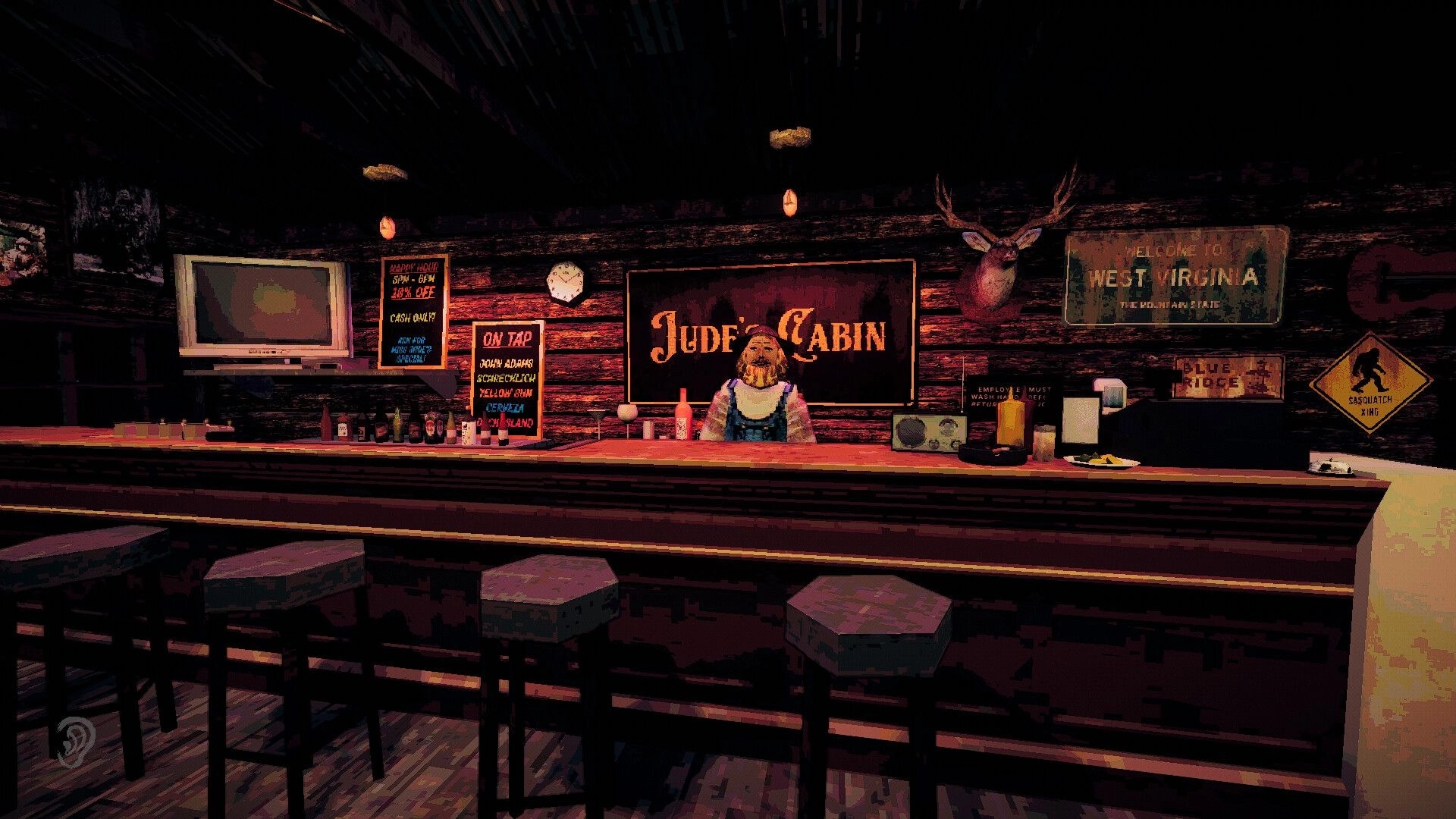 Blue Ridge Hunting: Bartender at Jude's Cabin bar counter in rustic Appalachian Mountain setting
