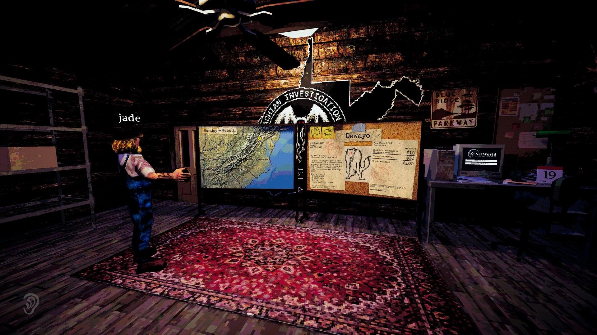 Blue Ridge Hunting: Jade investigates cryptid maps and files in a dimly lit cabin office.