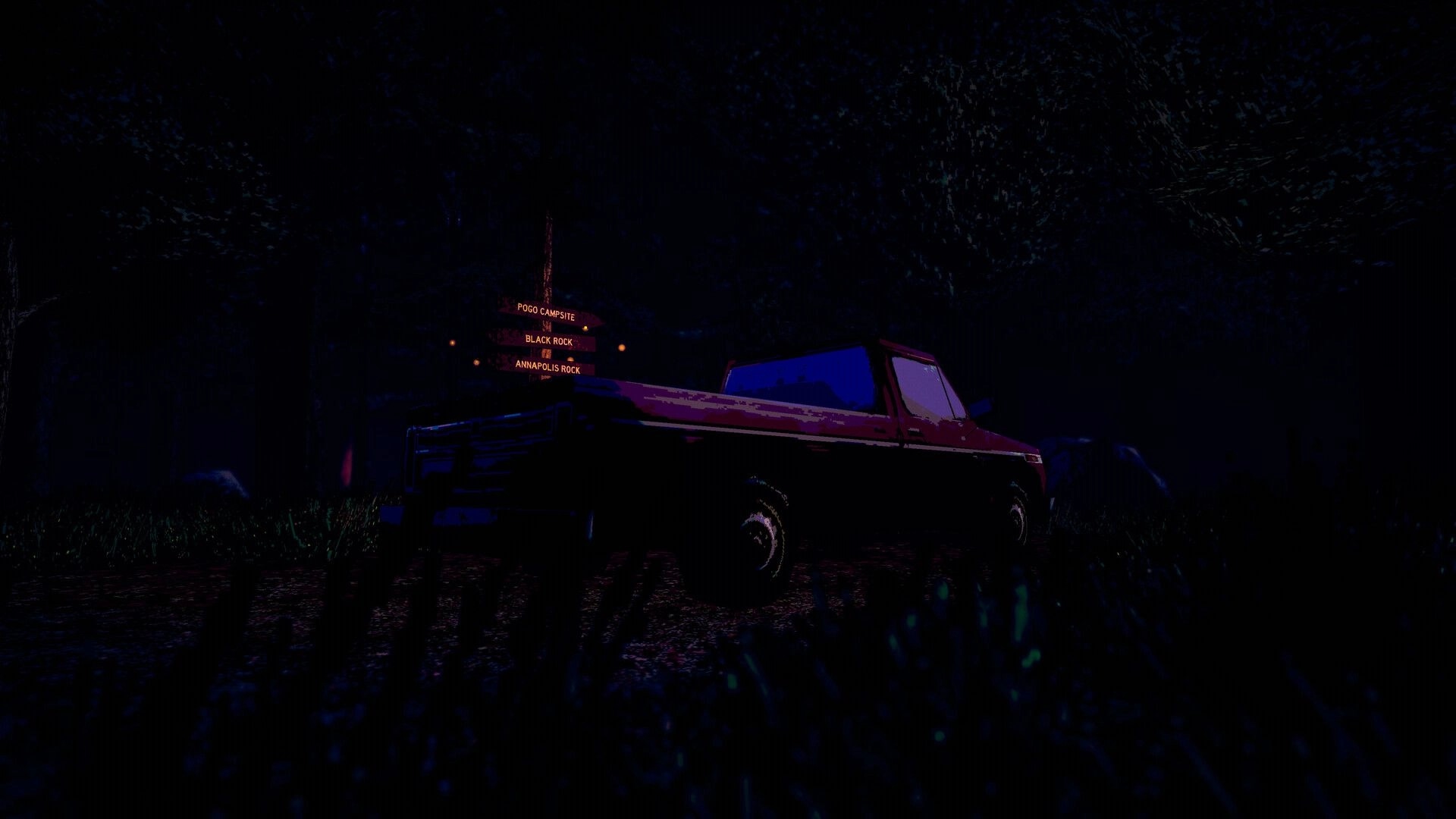 Blue Ridge Hunting: Parked red truck near dimly lit signpost in dense Appalachian forest at night
