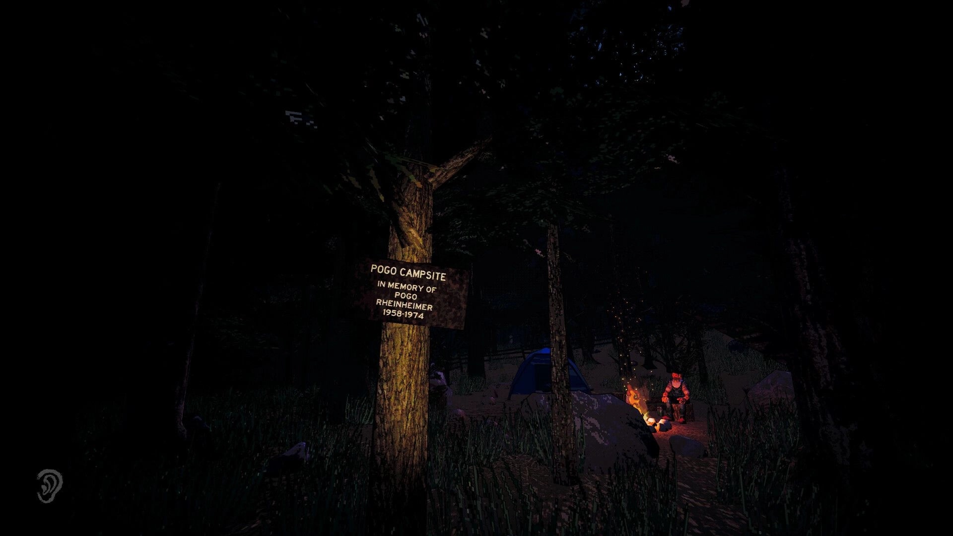 Blue Ridge Hunting: Player camping at night near "Pogo Campsite" sign in dark Appalachian forest.
