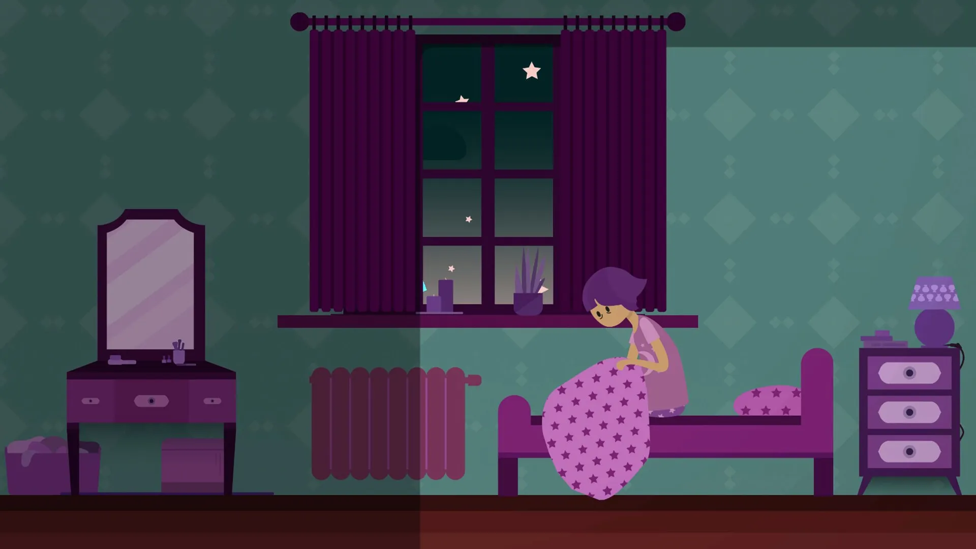 Blueberry: Woman sitting on bed in dimly lit bedroom with star-patterned blanket and window view
