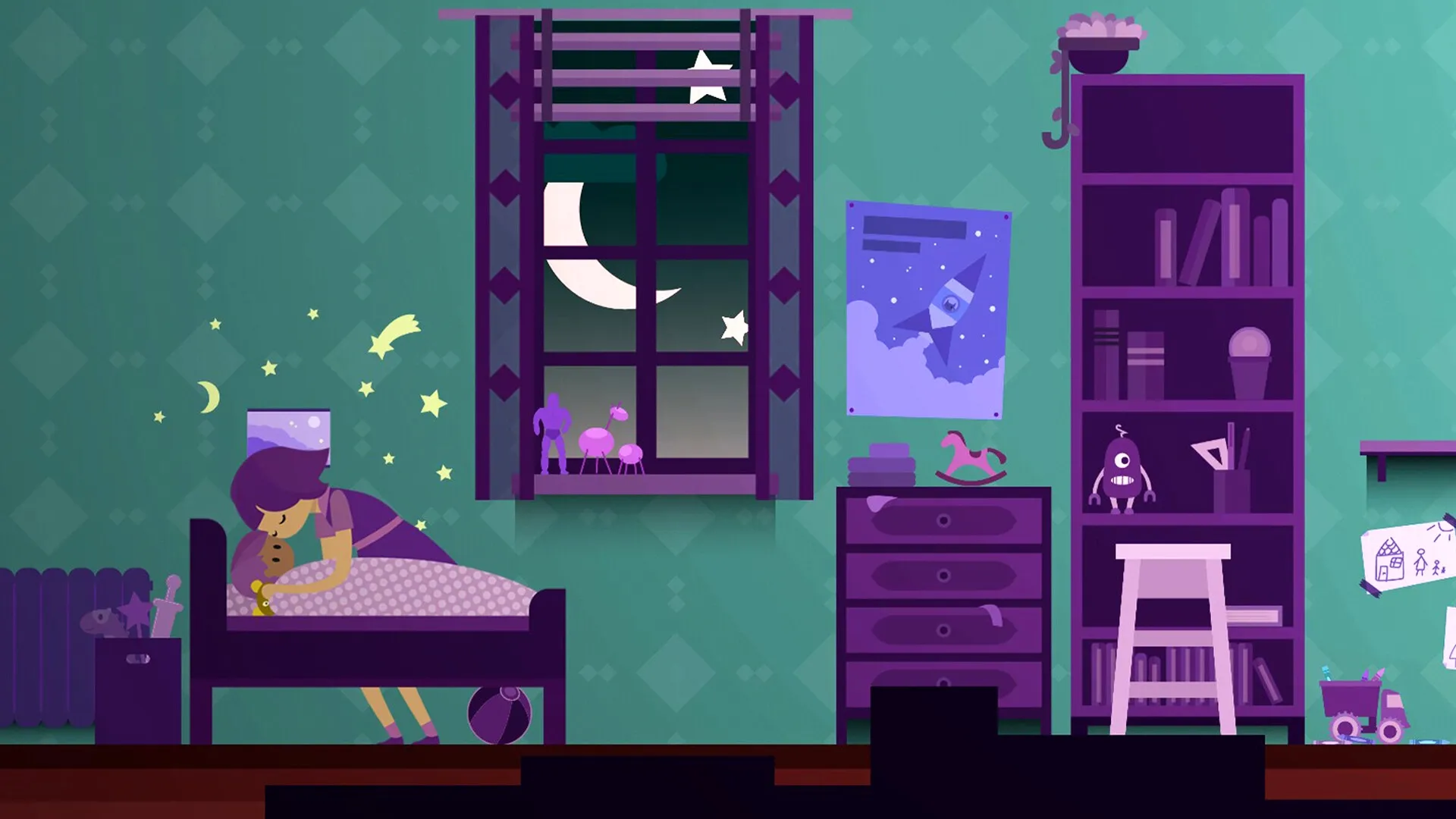 Blueberry: Mother gently tucks child into bed under starlit window in cozy bedroom setting