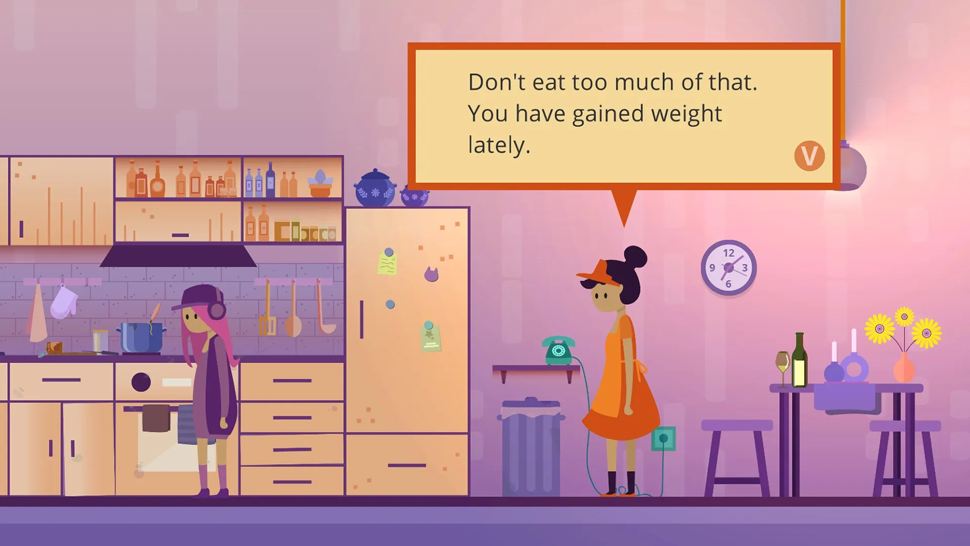 Blueberry: Two characters in a kitchen, one cooking at the stove, with dialogue about weight gain.