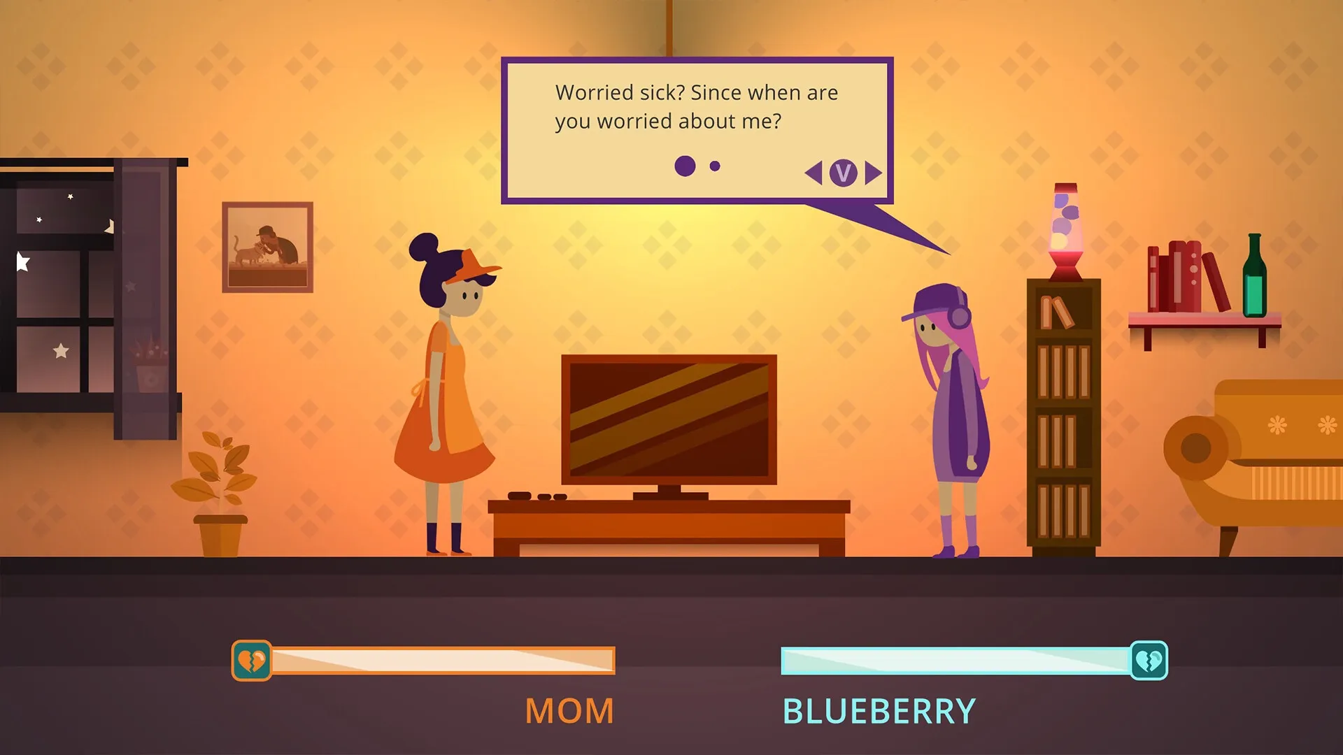 Blueberry: Dialogue between Mom and Blueberry in a cozy living room with a television and bookshelf