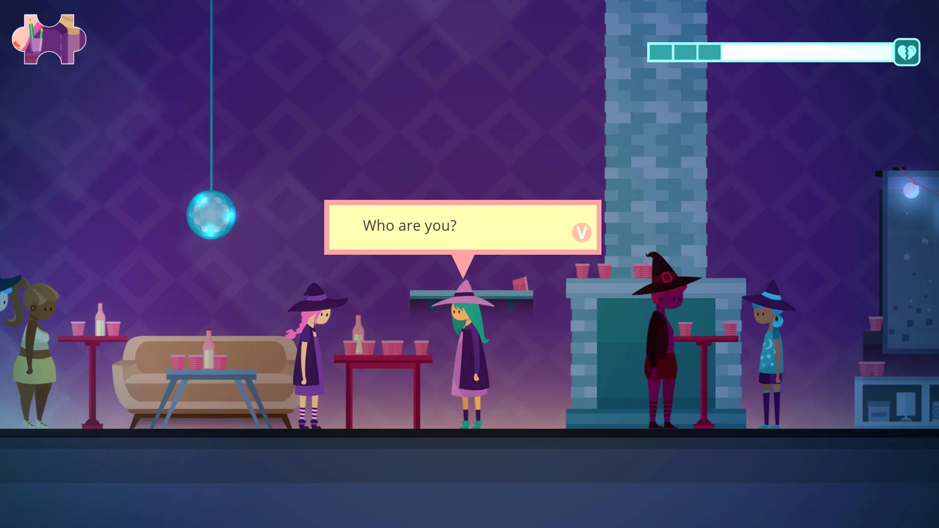 Blueberry: Two characters in witch hats conversing in a purple-themed lounge with a speech bubble.