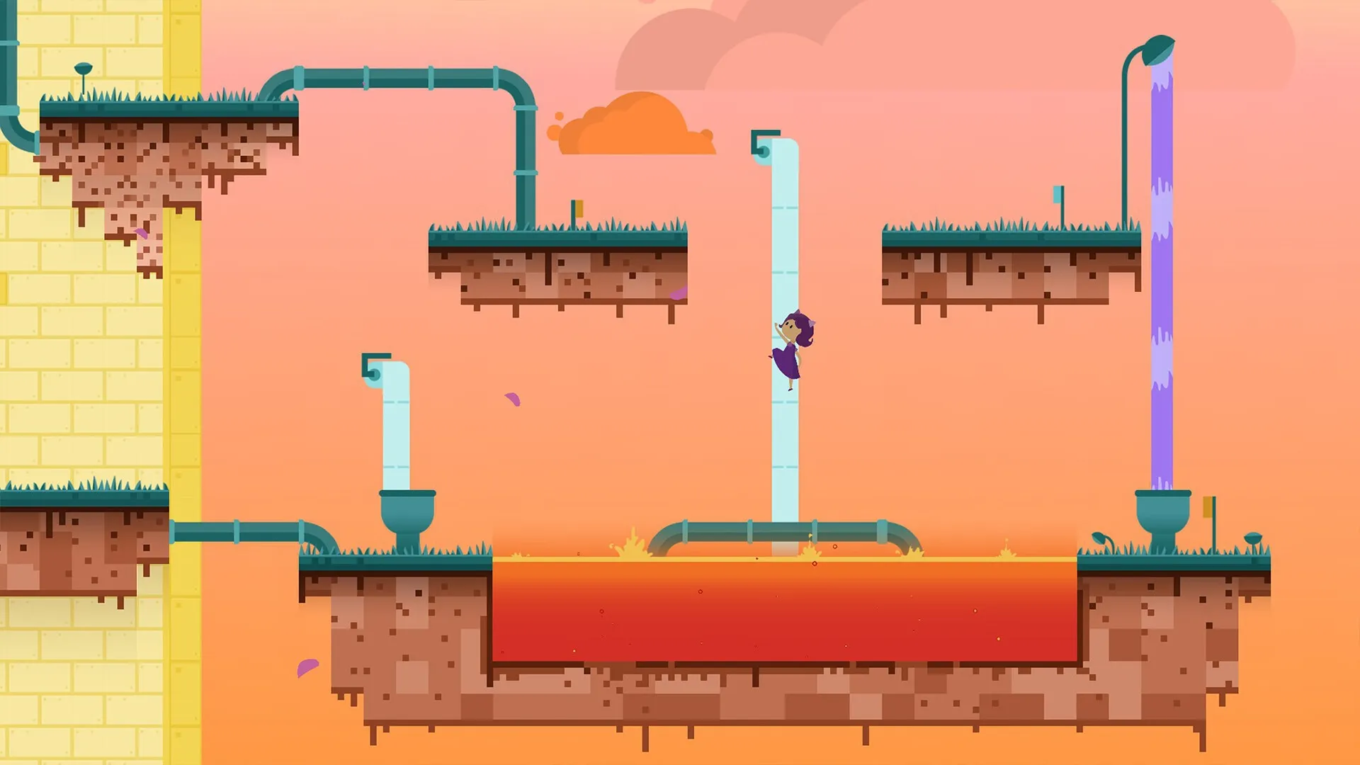 Blueberry: Character climbs pipe in vibrant orange platformer level with grass and flowing purple water