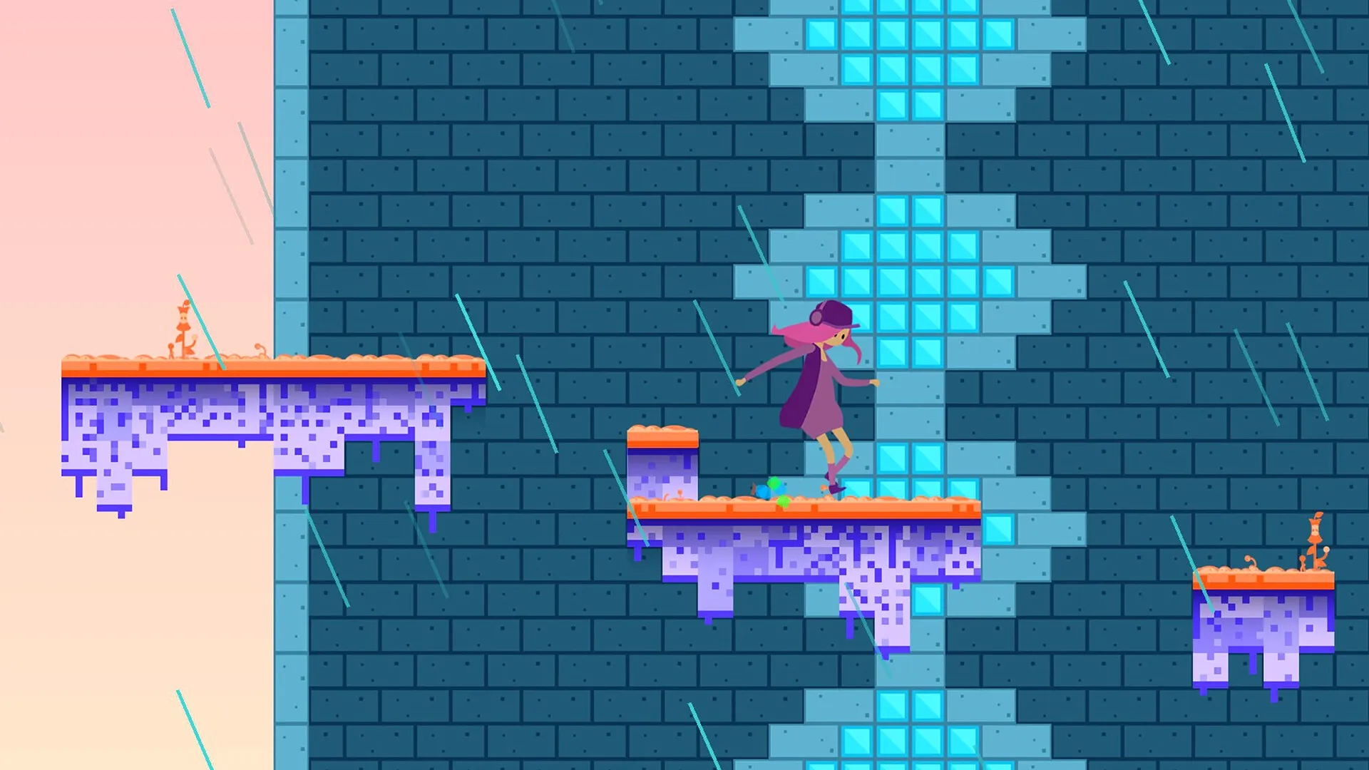 Blueberry: Character jumps between platforms in a rainy, pixelated tower environment.