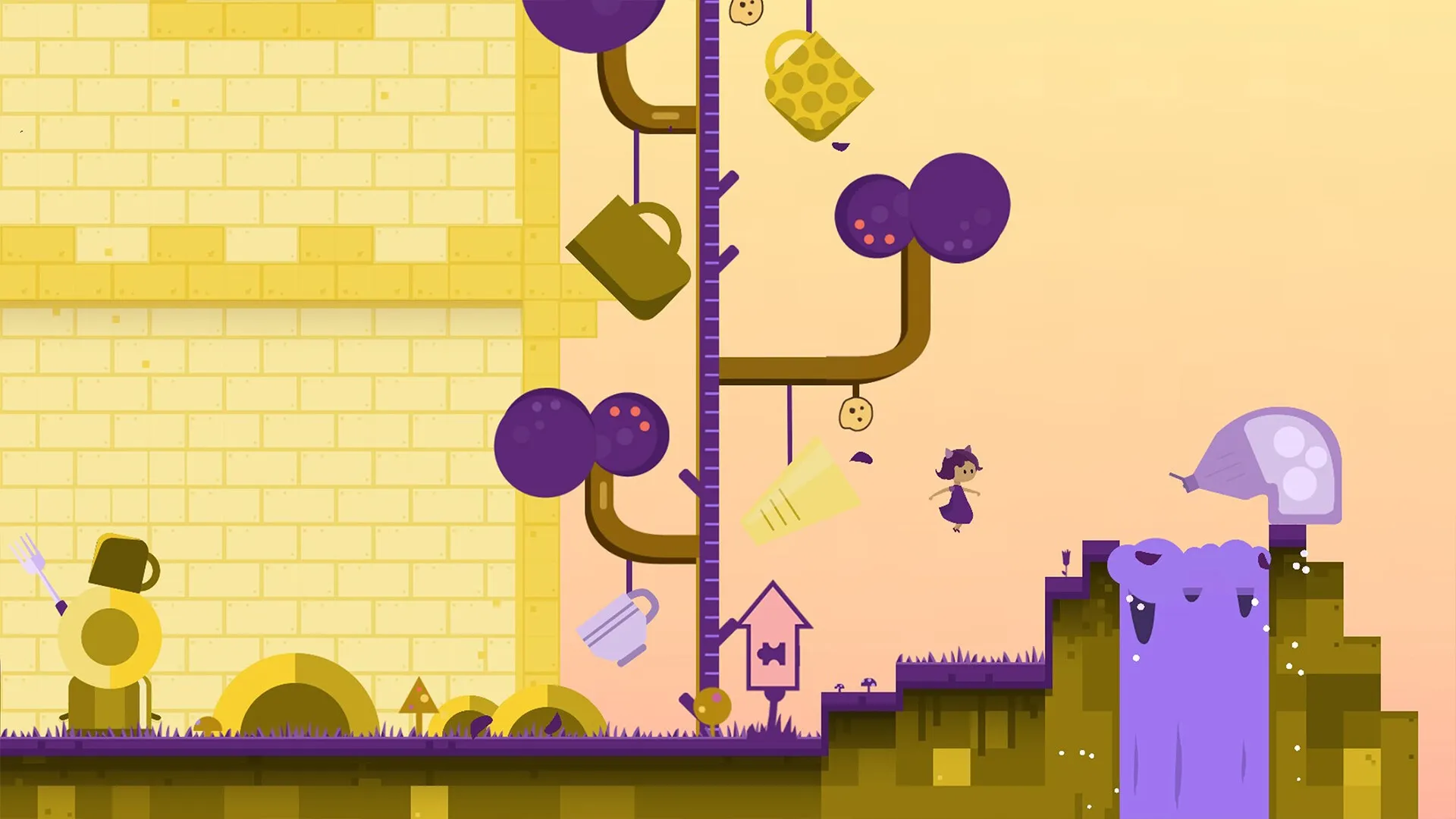 Blueberry: Character jumps across platforms with hanging objects and a purple waterfall in the background