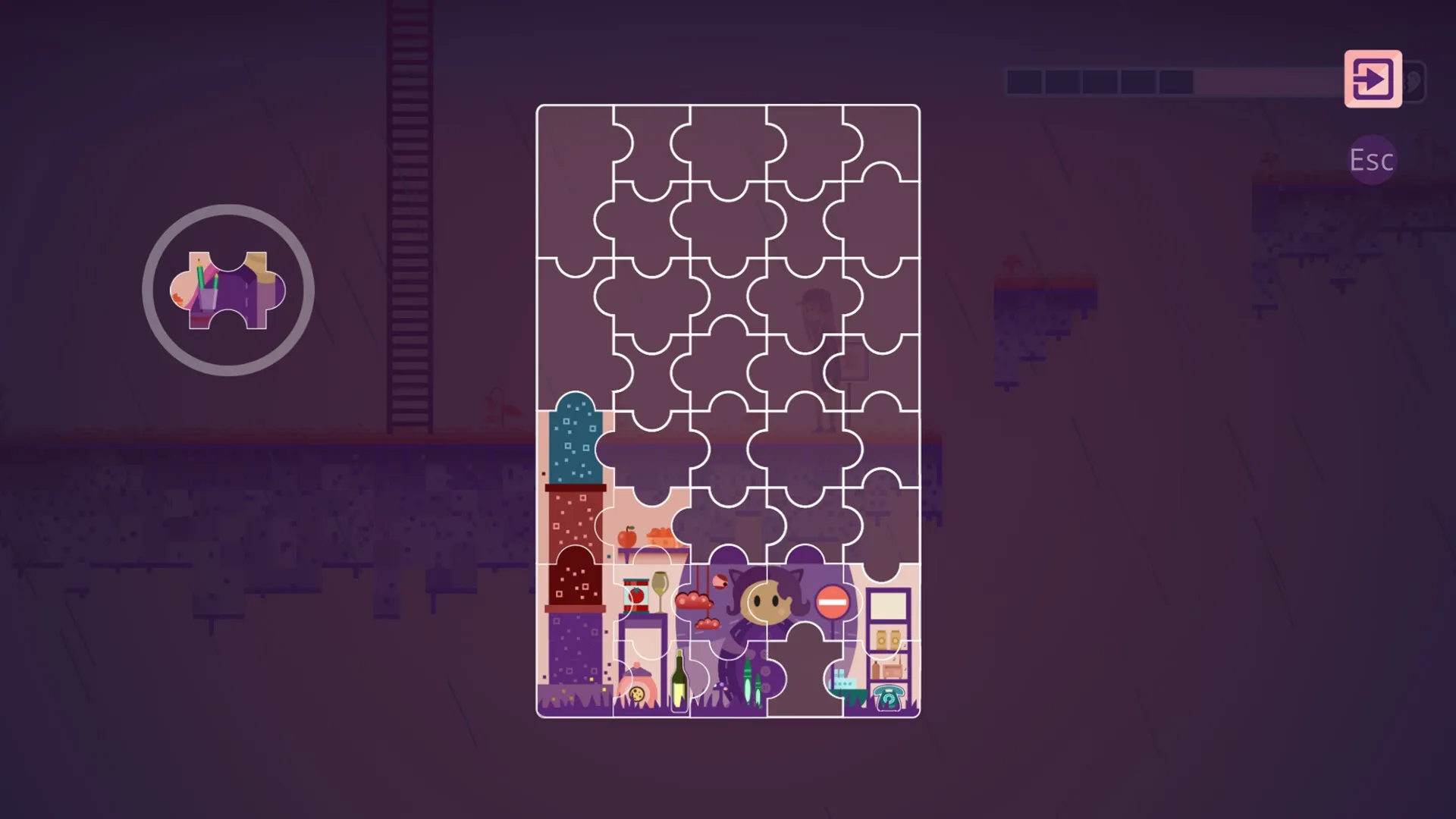 Blueberry: Puzzle piece selection with partially completed grid and character in dimly lit platform area