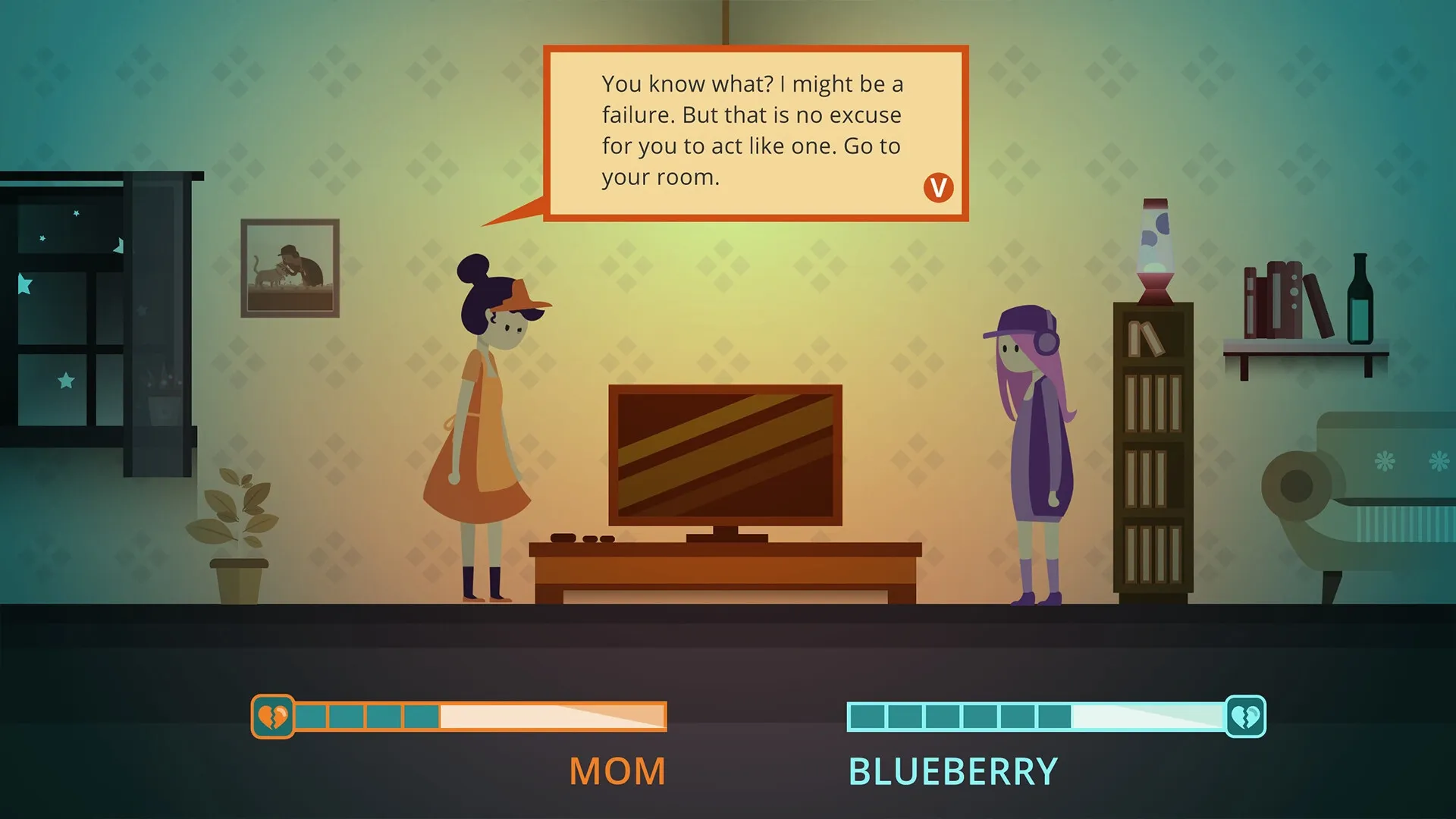 Blueberry: Conversation between Mom and Blueberry in a living room with health bars visible