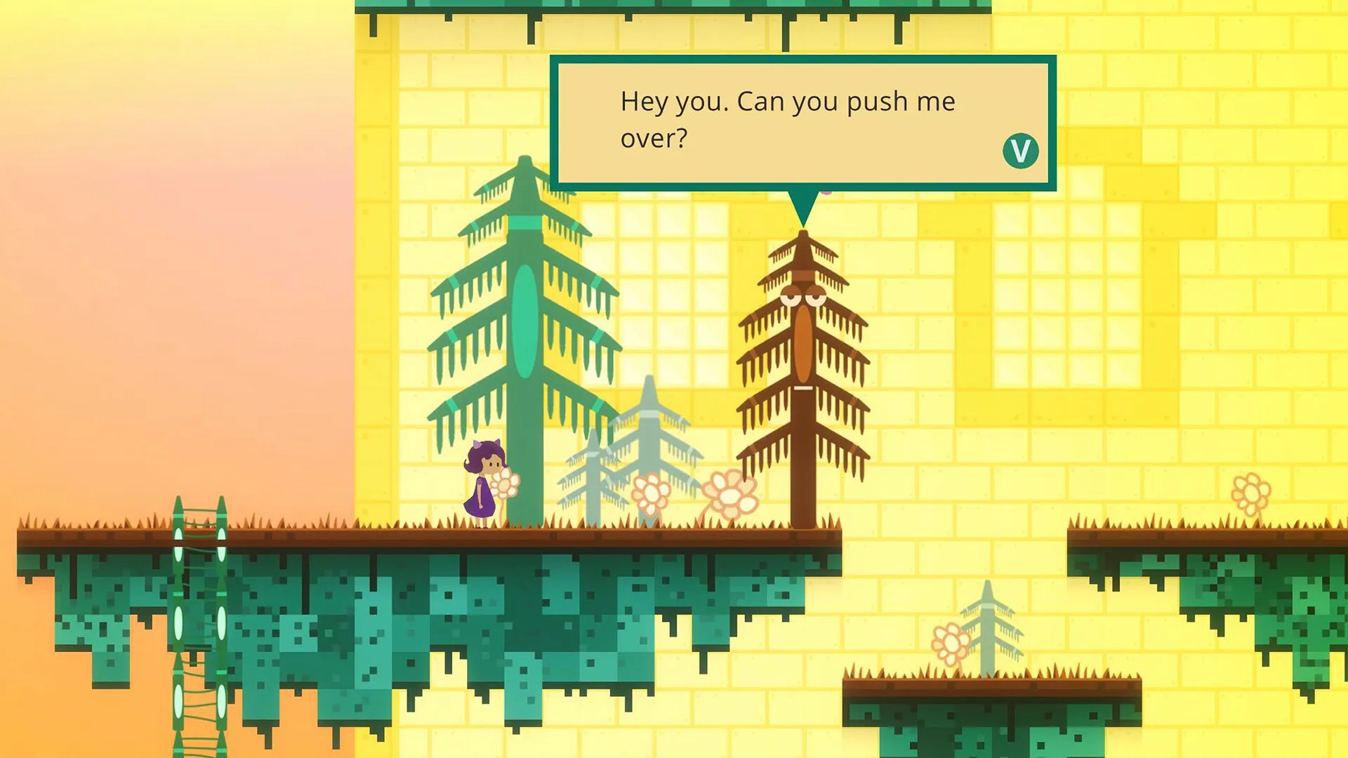 Blueberry: Character interaction with talking tree in vibrant platform area with yellow brick walls