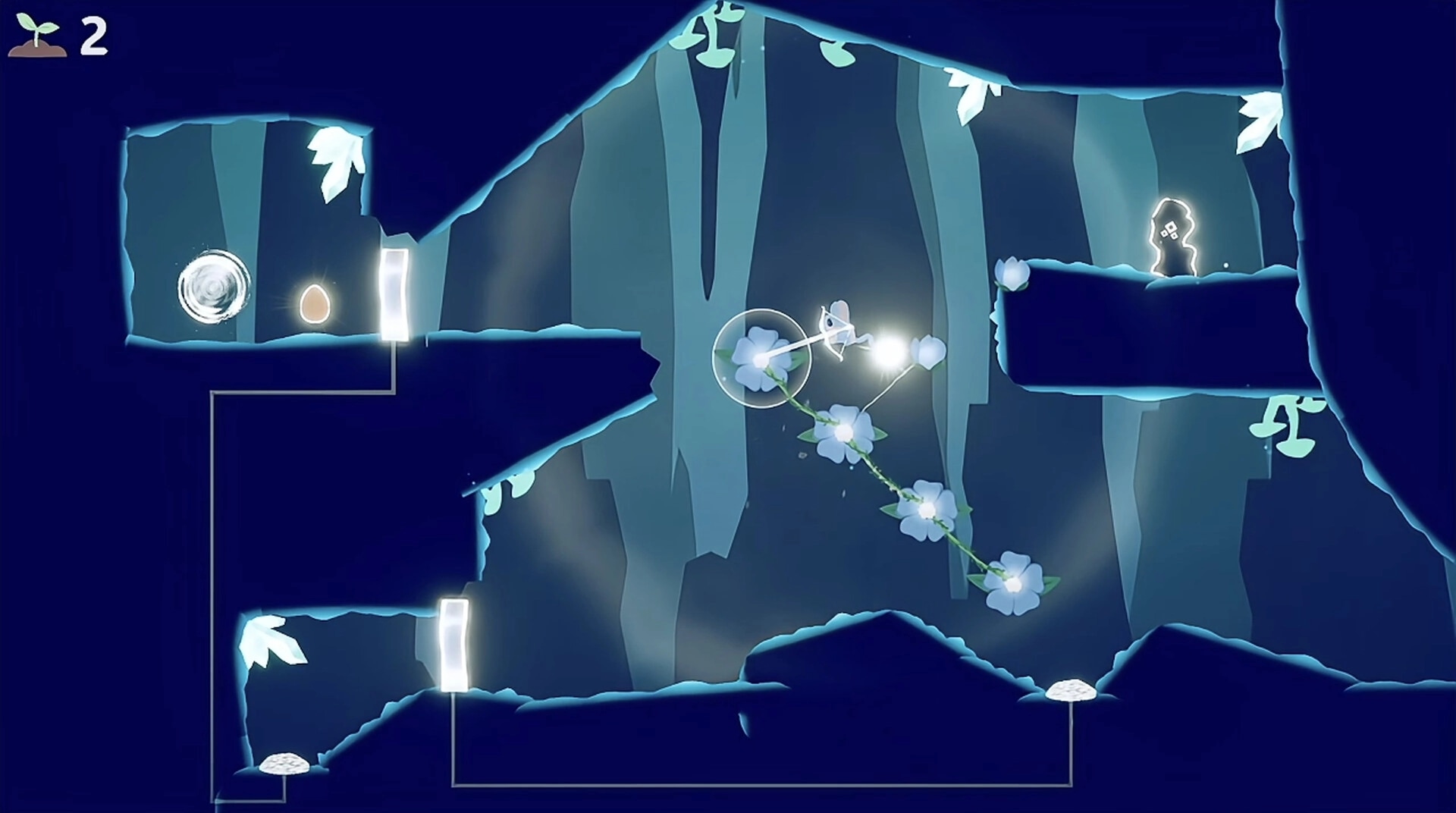 BLUMA: Bluma uses her magical tail to create platforms in a glowing cave, aiming for a distant portal.
