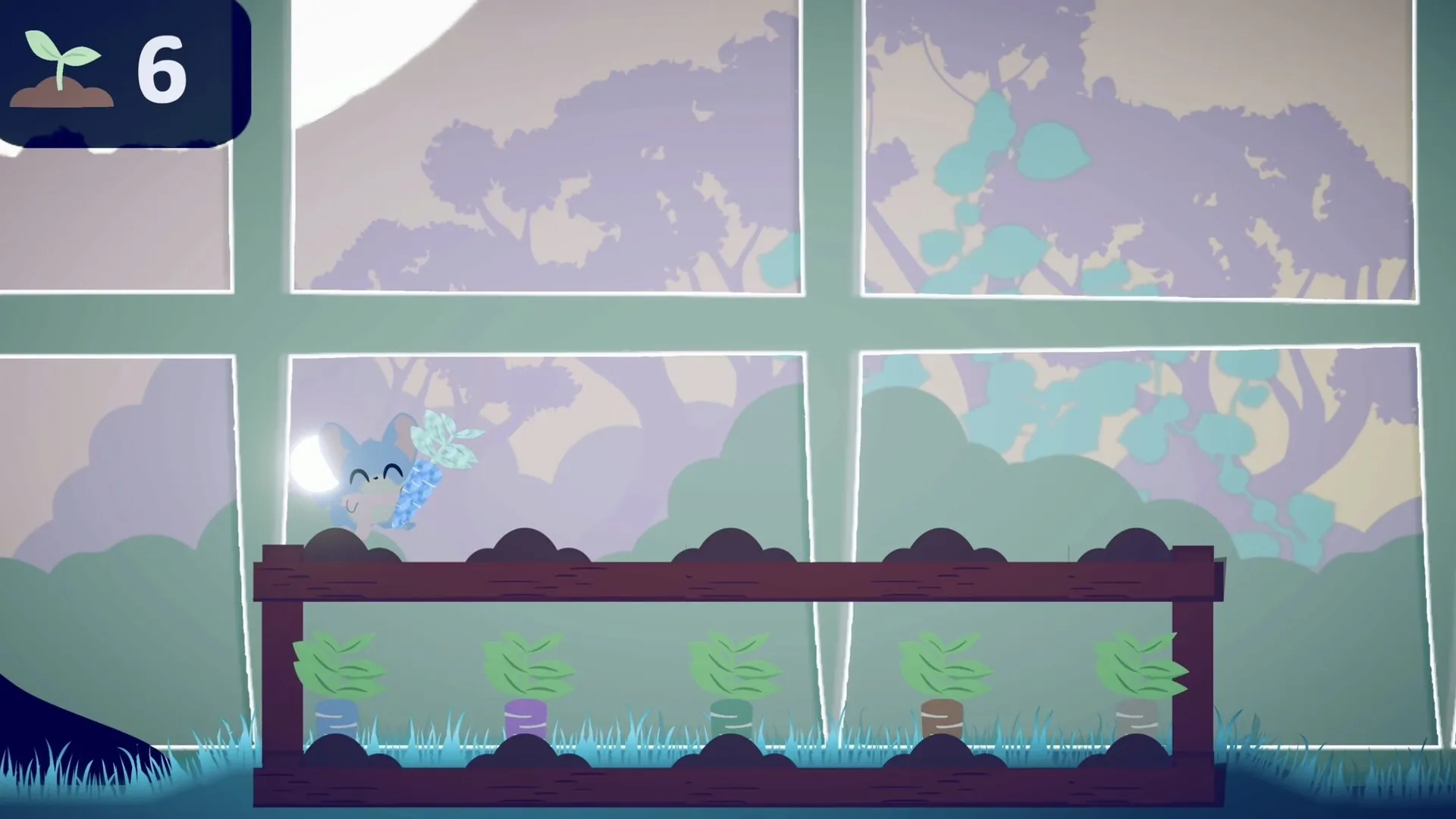 BLUMA: Bluma stands in a garden with sprouts growing, under a large window showing a forest backdrop.