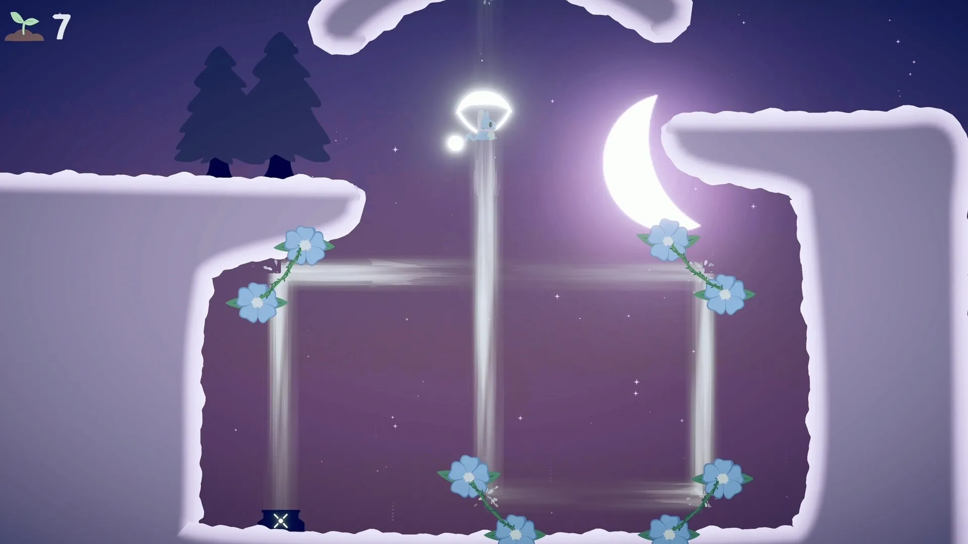 BLUMA: Bluma floating with magic tail in a snowy cave, purple sky and crescent moon in background