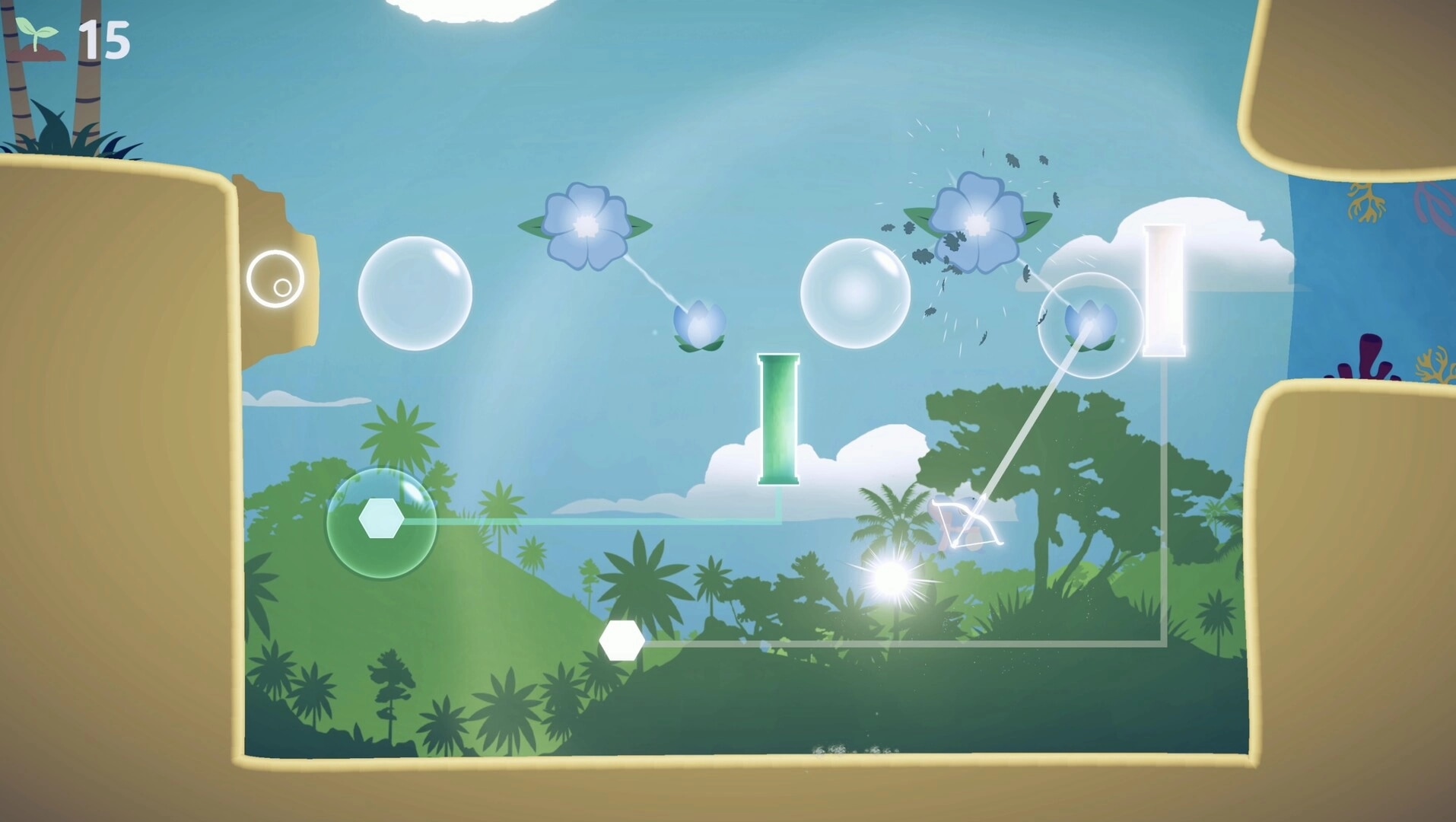 BLUMA: Puzzle-platforming scene with floating bubbles and glowing flowers in a lush, tropical landscape.