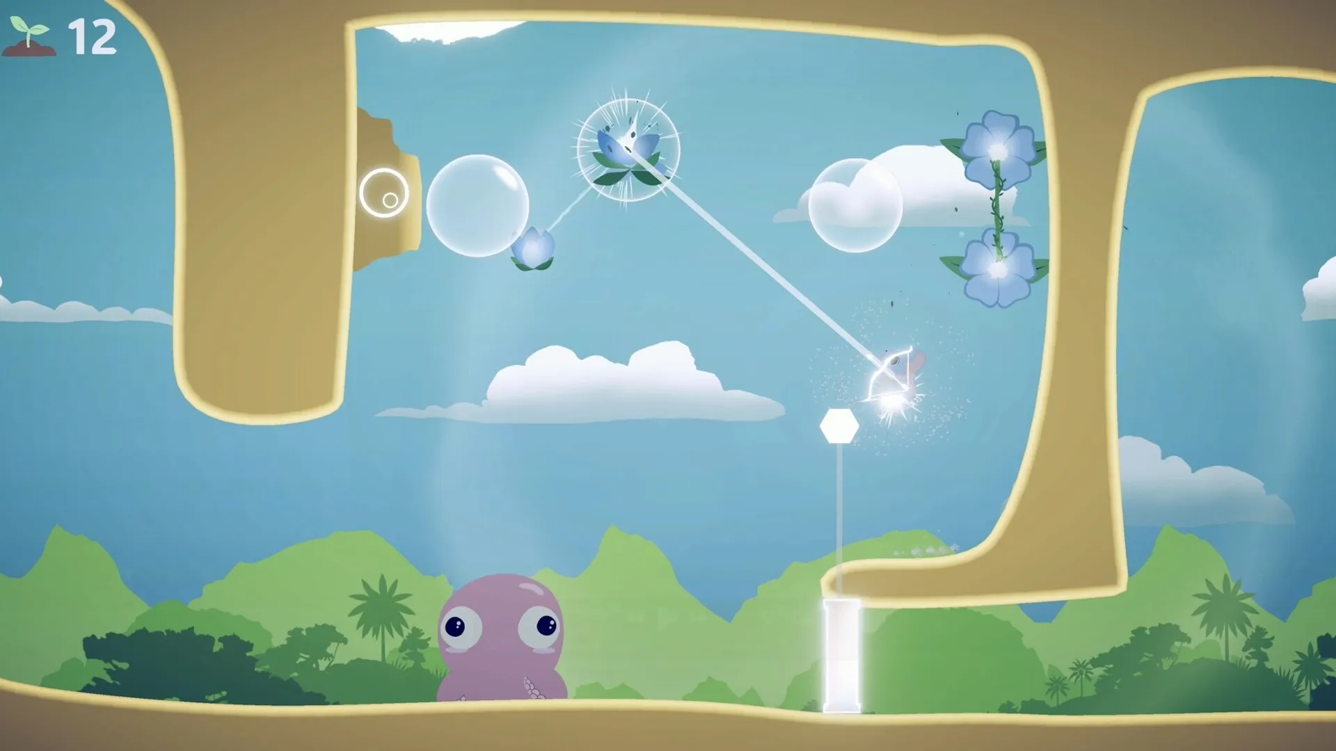 BLUMA: Bluma uses magical tail to connect floating flowers in a bright, serene cave environment.