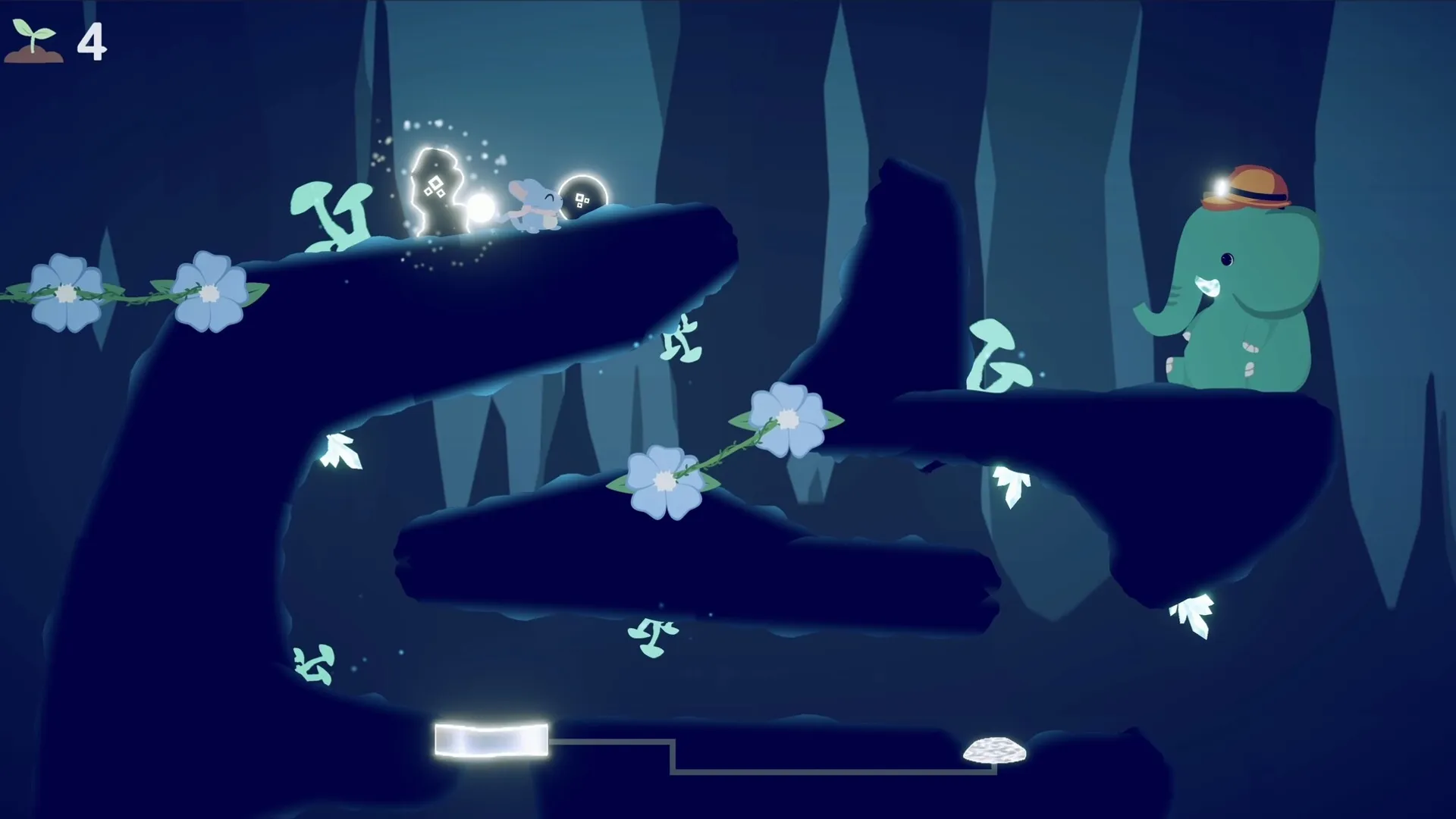 BLUMA: Bluma interacts with magical platforms and flowers in a dark cave with glowing mushrooms.