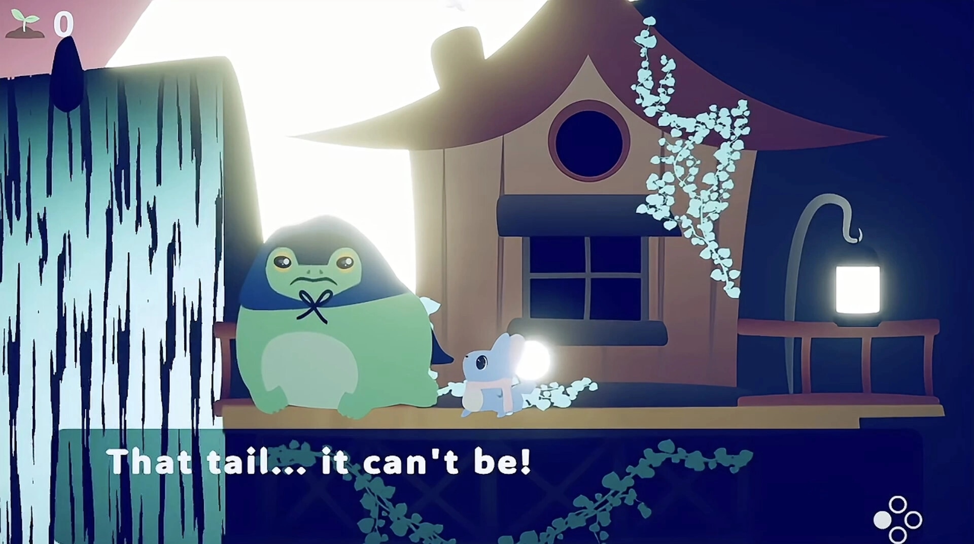 BLUMA: Bluma and frog character in front of a cozy house with glowing lantern, text dialogue visible