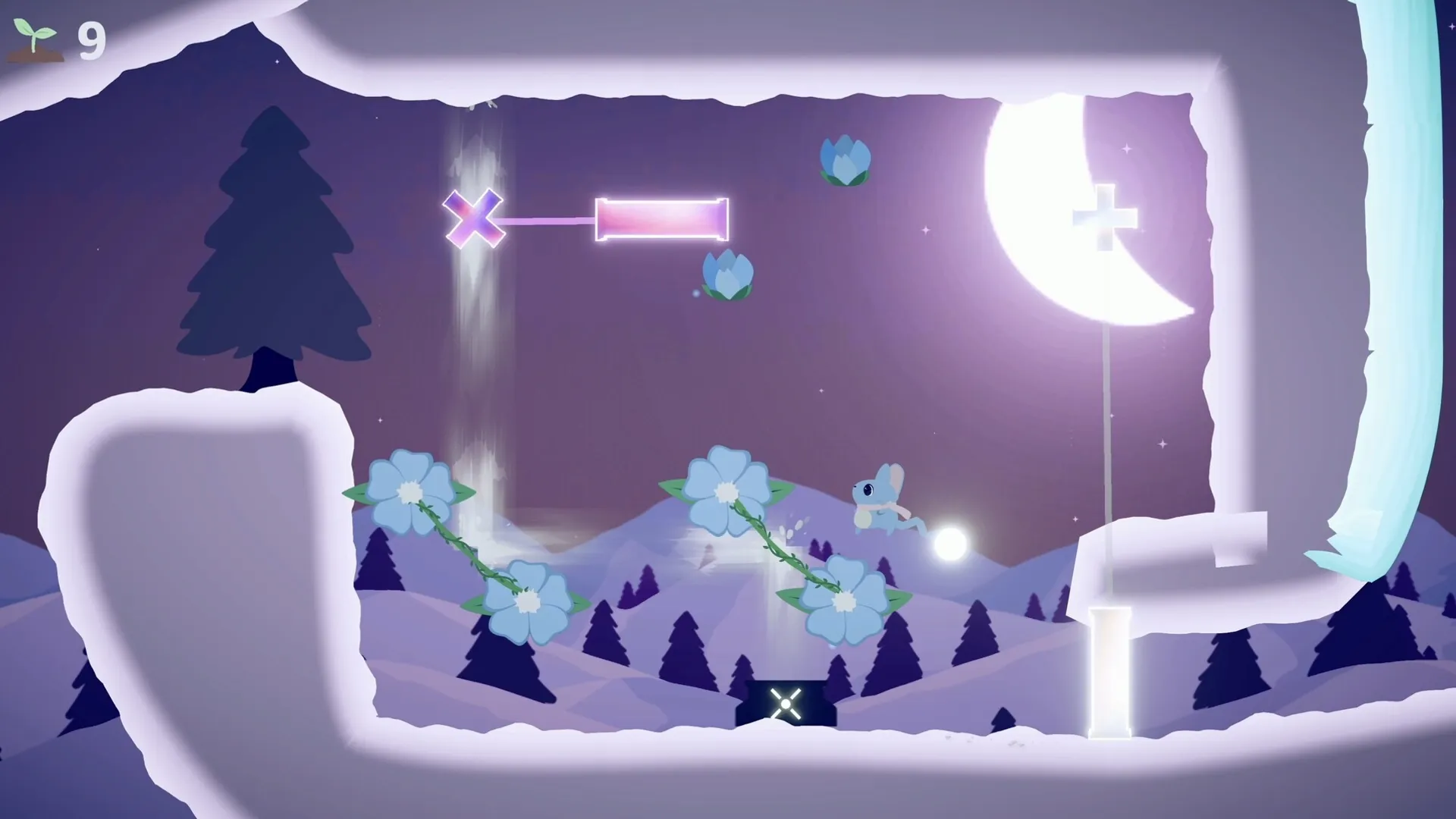 BLUMA: Bluma jumps across flower platforms in a snowy landscape under a bright crescent moon and stars.
