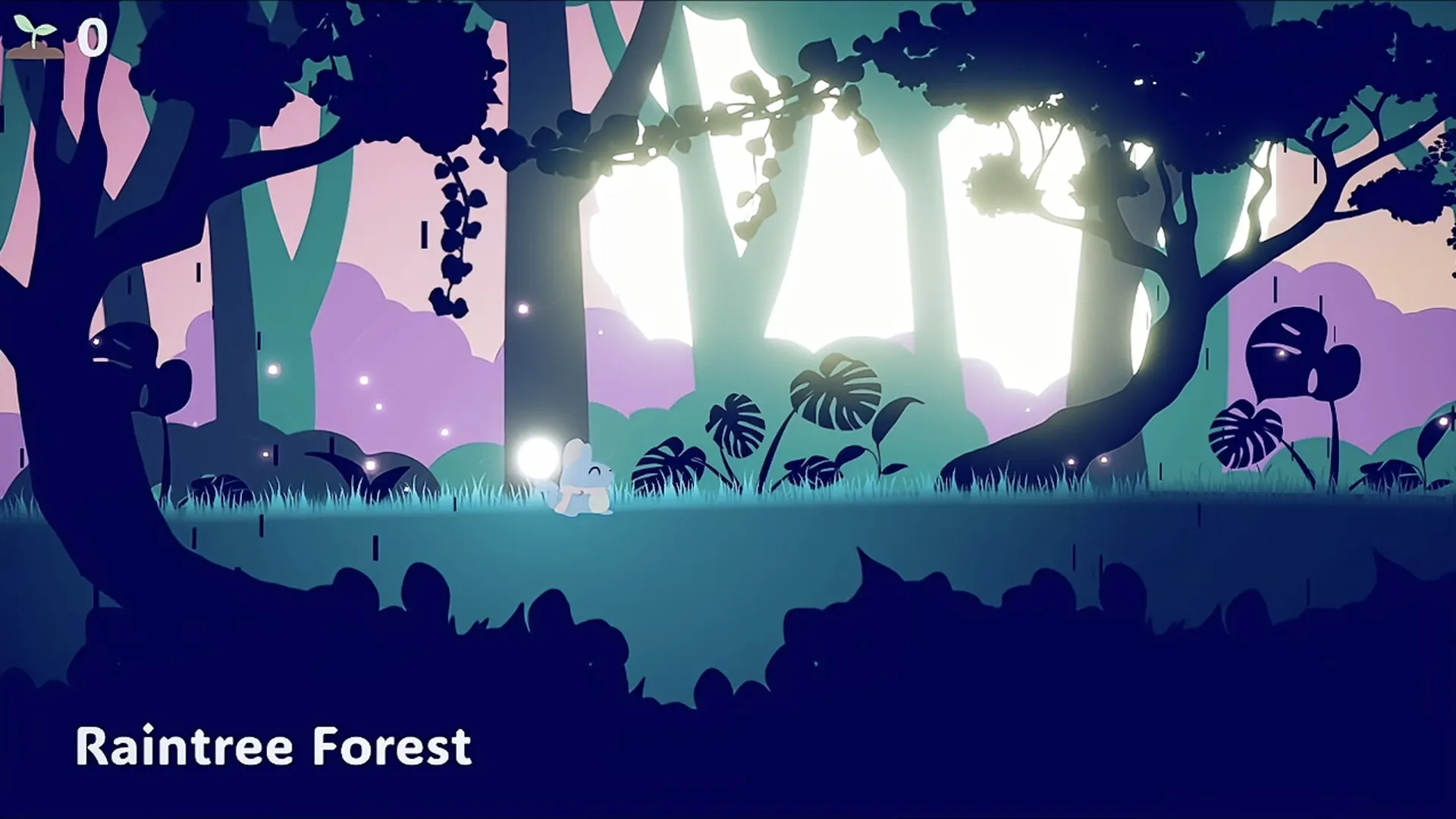 BLUMA: Bluma explores Raintree Forest holding a glowing orb, surrounded by lush trees and soft light.