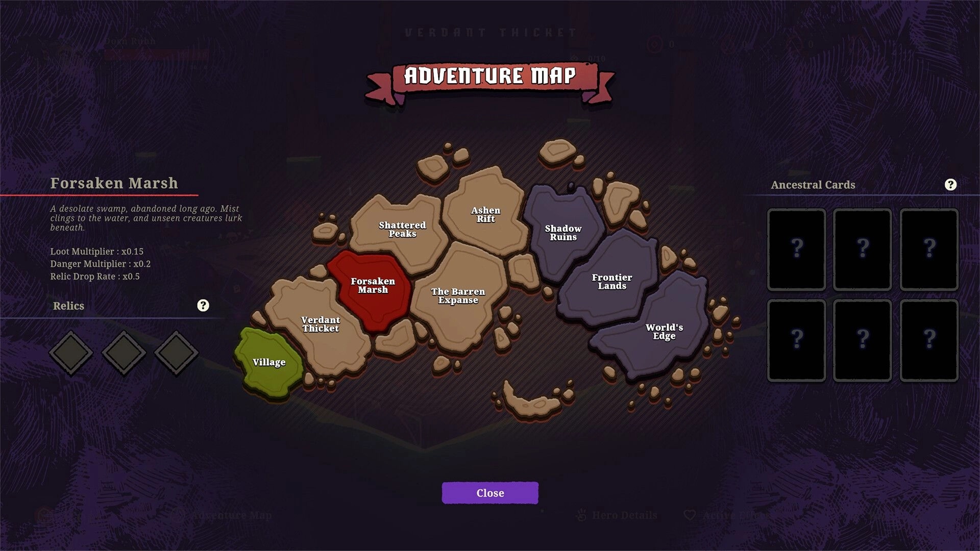 Boardlike: Adventure map screen showing Forsaken Marsh with loot, danger multipliers, relic slots