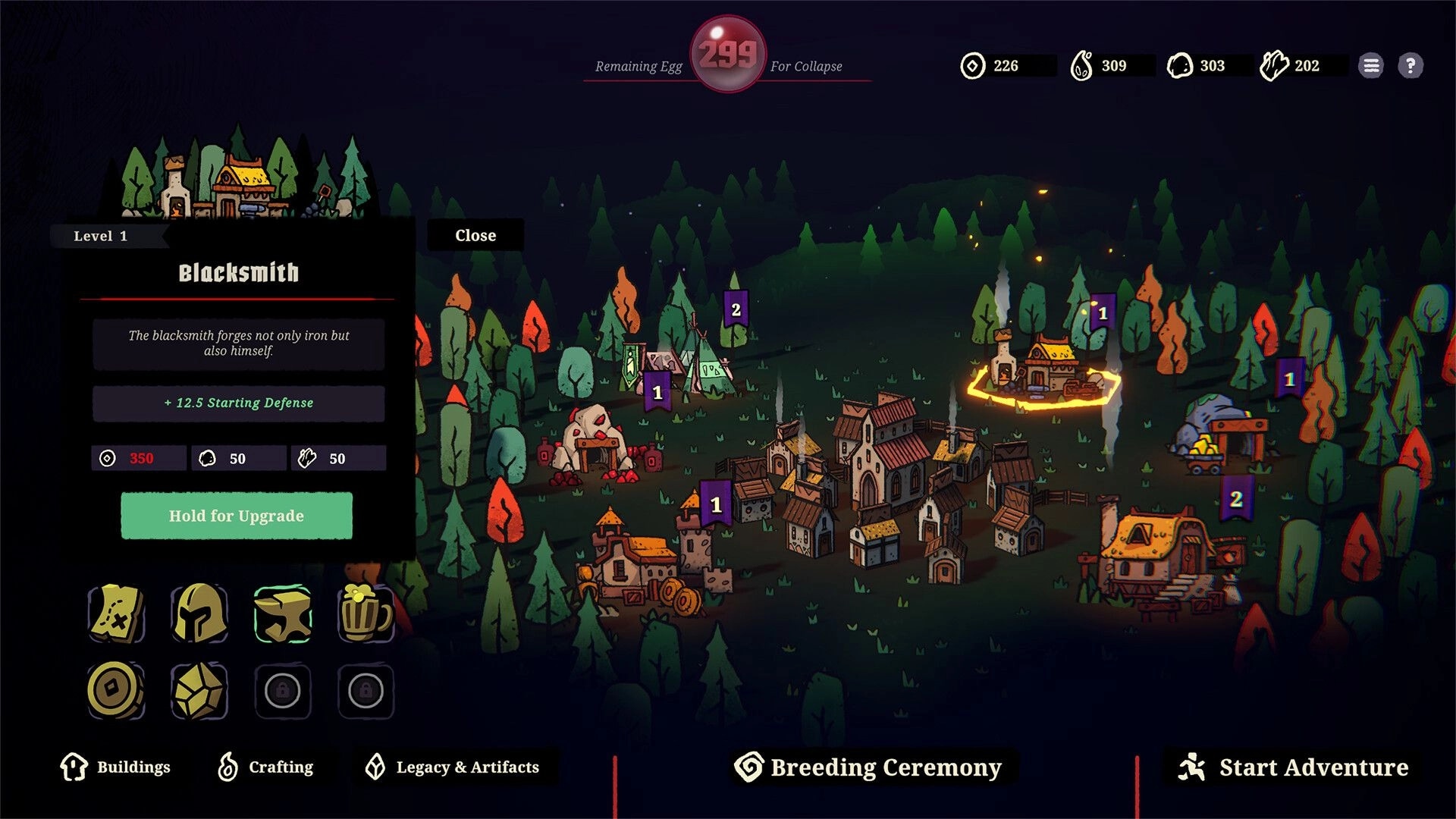Boardlike: Blacksmith upgrade menu over a village map with resource icons and buildings in a forest setting.