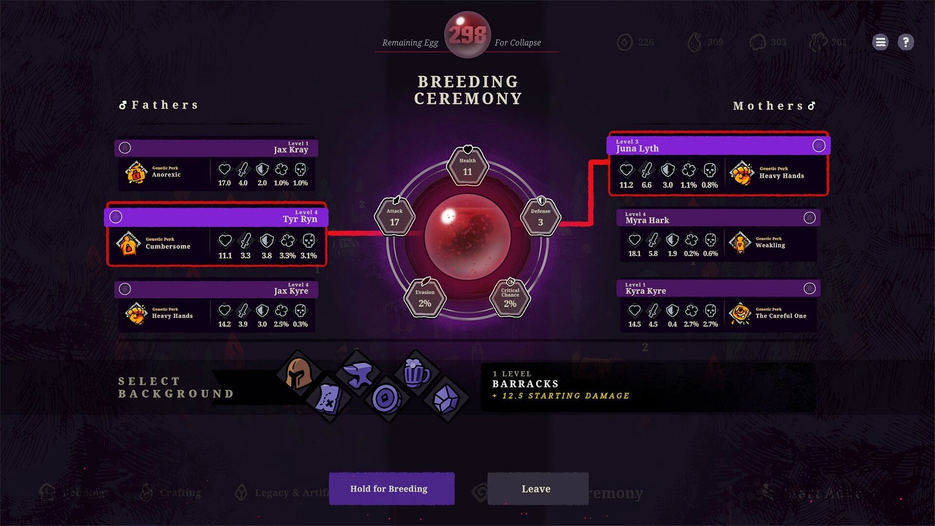 Boardlike: Breeding Ceremony interface with character stats and genetic perks in a dark, mystical setting.