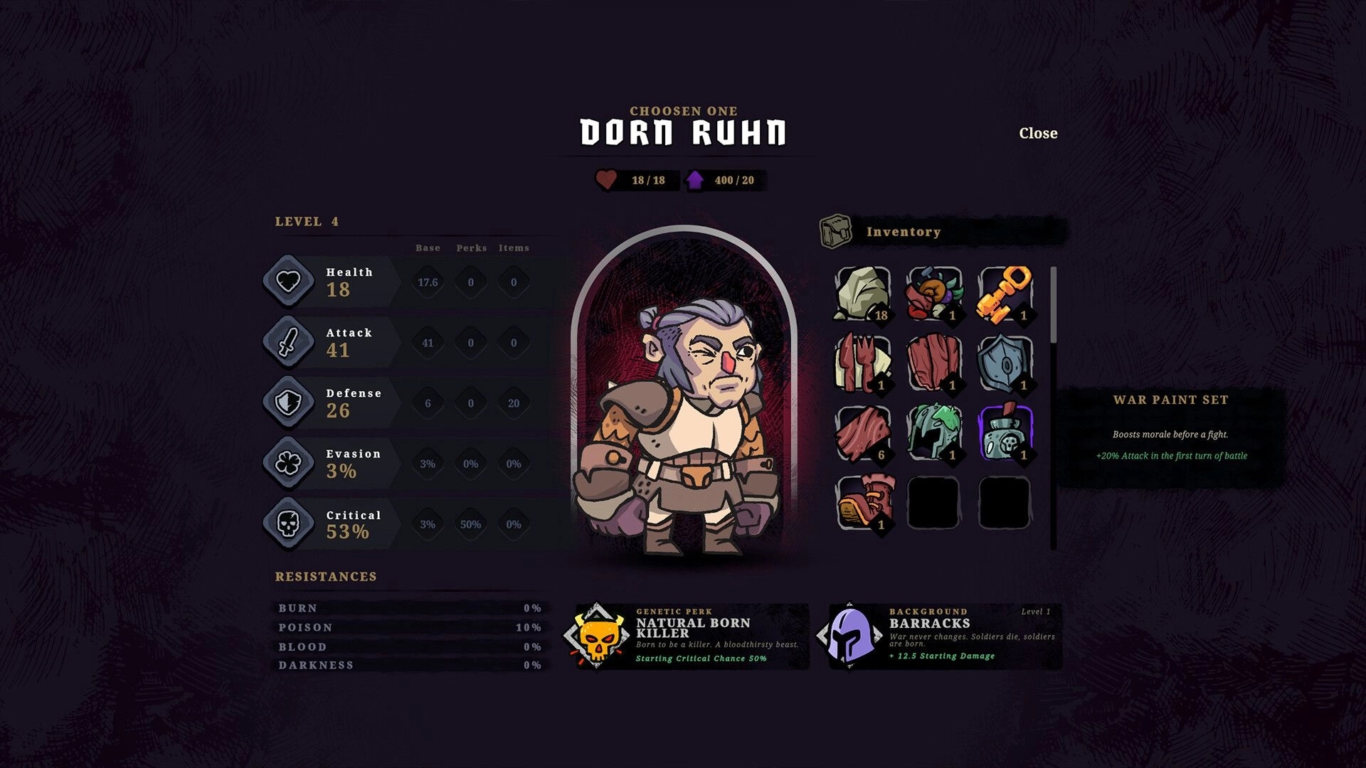 Boardlike: Character profile of Dorn Ruhn with stats, inventory items, and genetic perk displayed