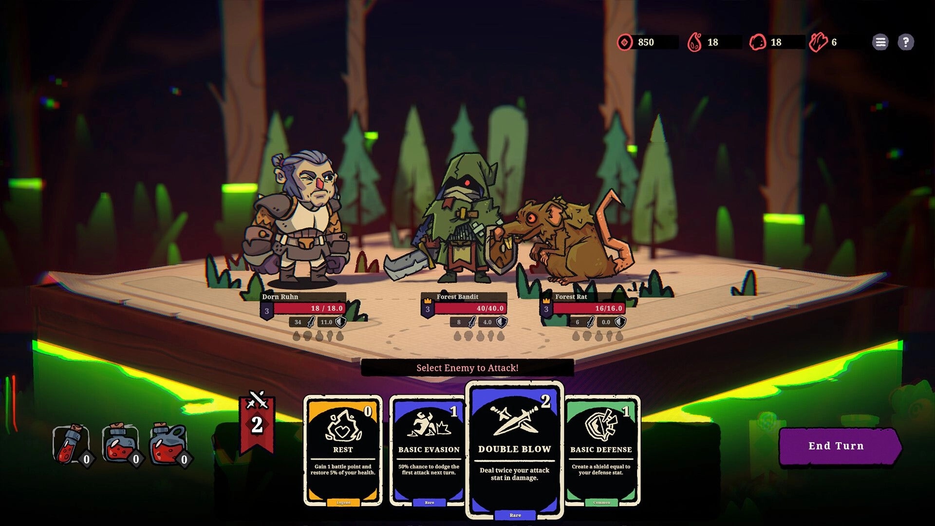 Boardlike: Dorn Ruhn faces Forest Bandit and Rat in tabletop combat with cards and dice in forest setting.
