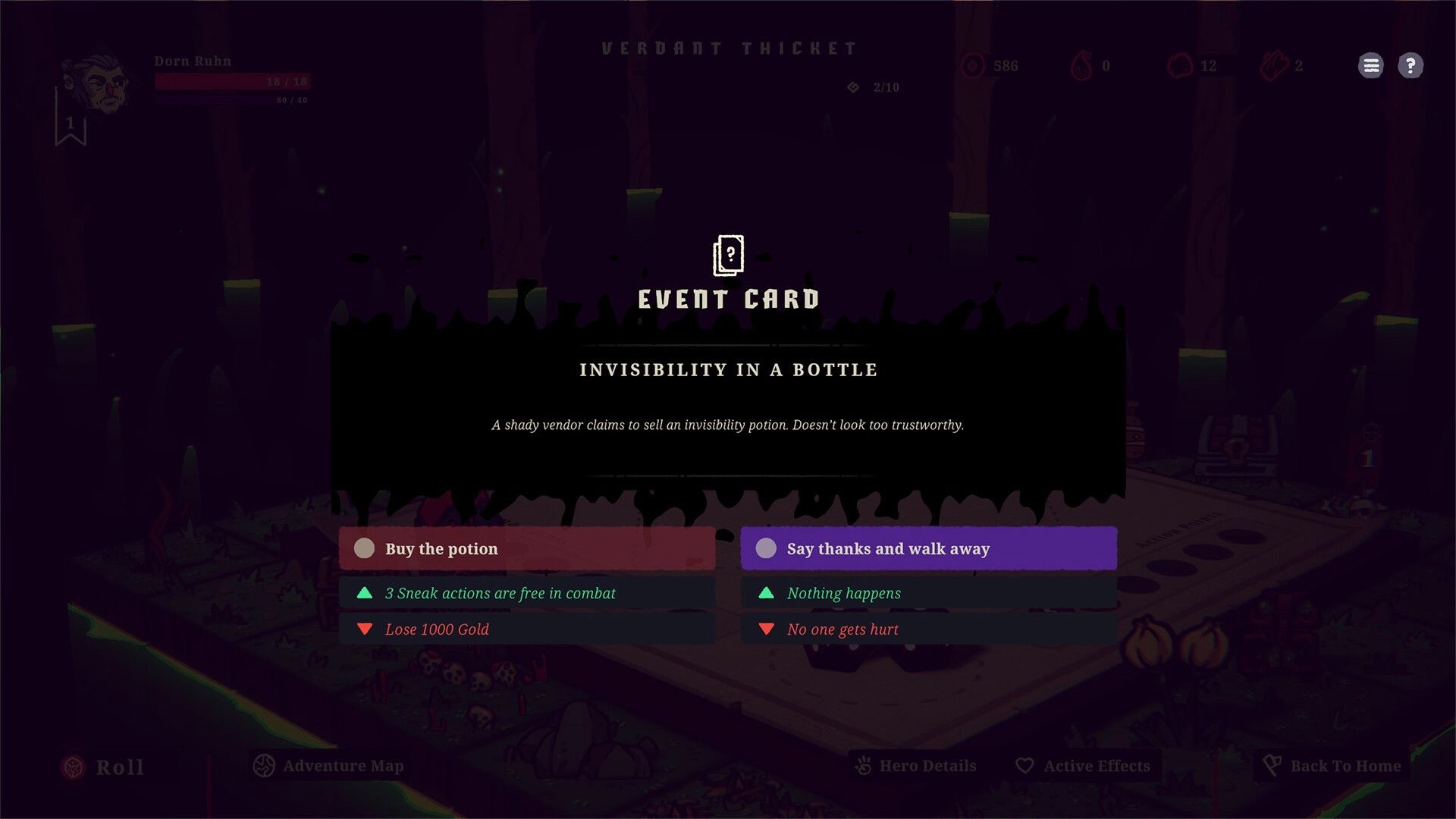 Boardlike: Event card selection with options for invisibility potion in a forest setting