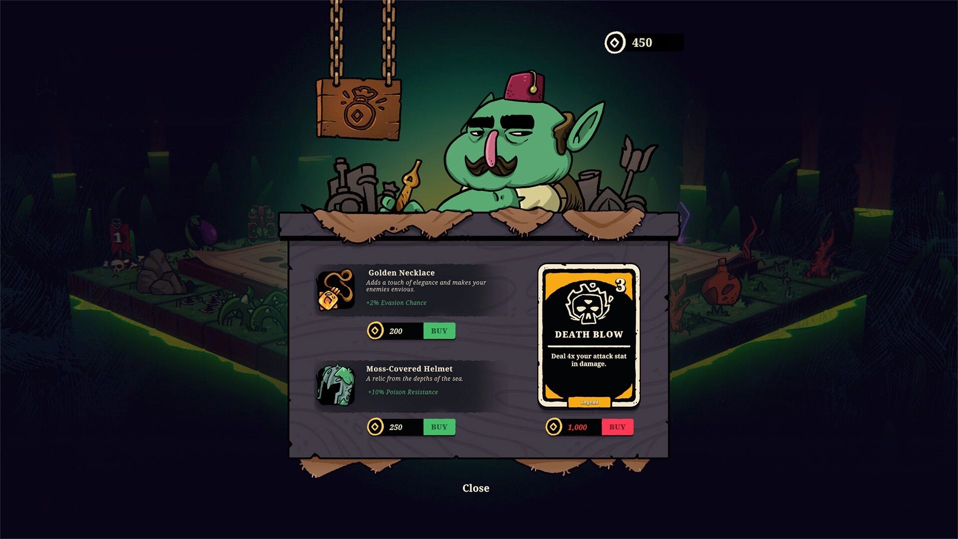 Boardlike: Goblin merchant offers items and cards in a dimly lit forest shop with glowing background