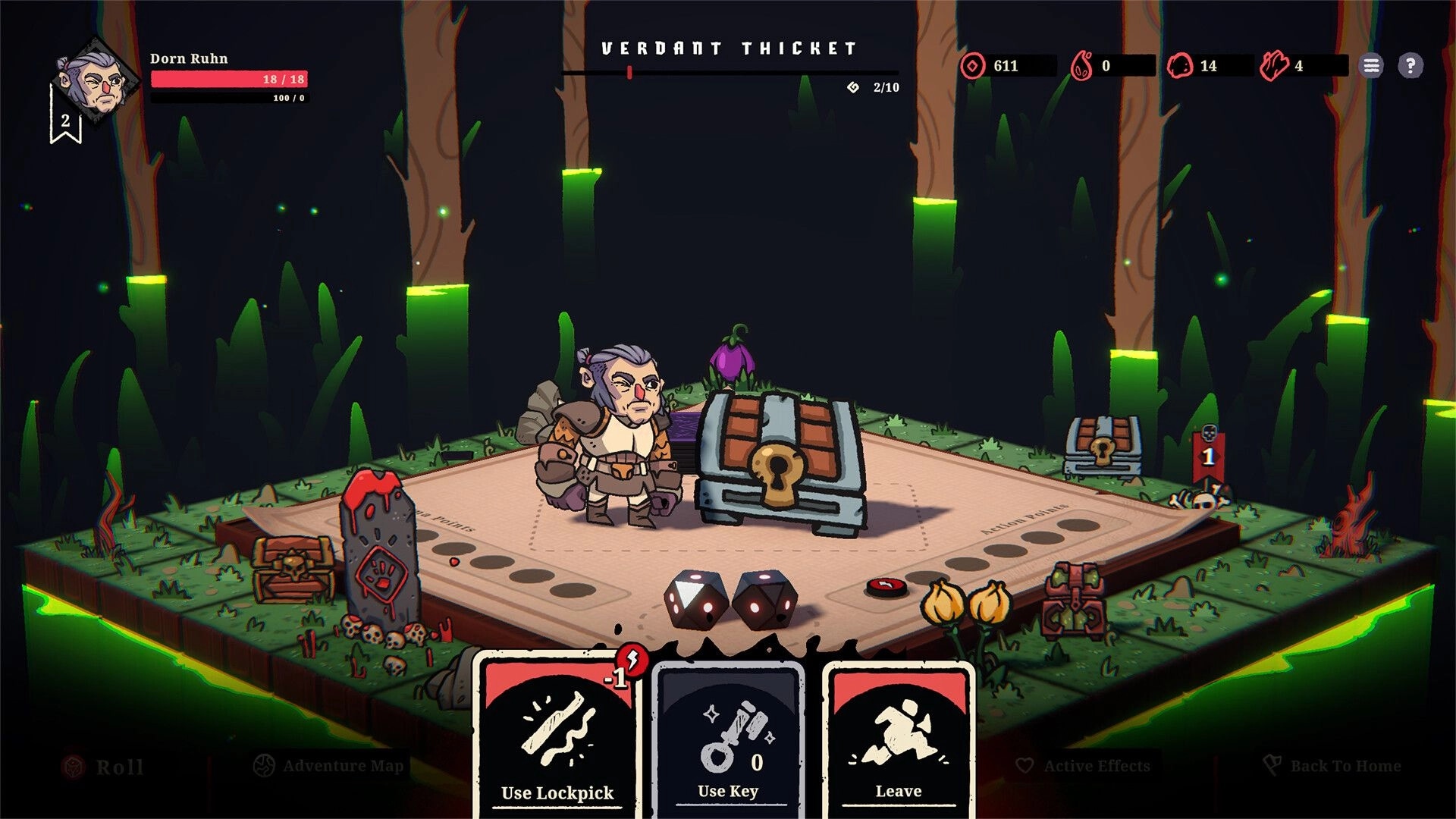 Boardlike: Character Dorn Ruhn on game board with dice and items, set in a forest environment