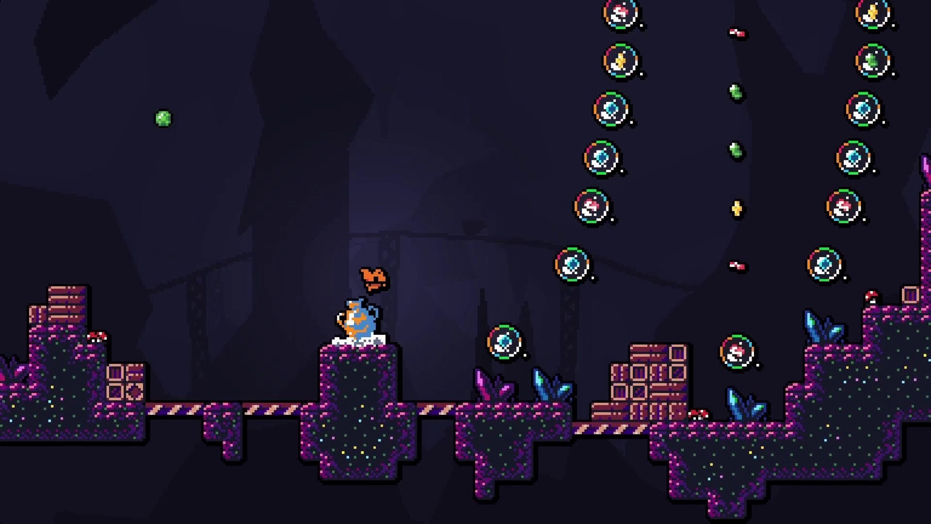 Bobls: Character on platform with floating bubbles and crystals in a dark cave environment.