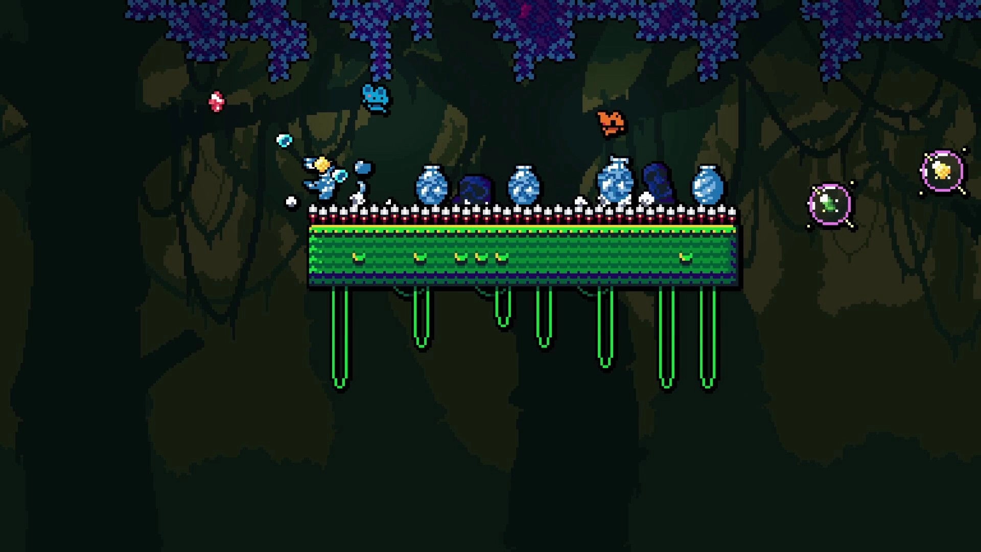 Bobls: Player bounces on bubbles collecting gems in dark forest with vibrant vines and floating enemies
