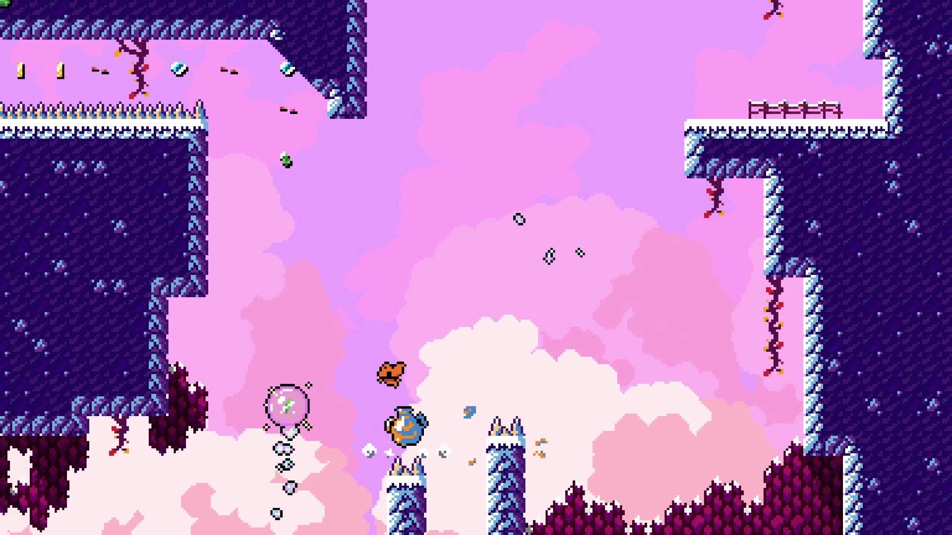 Bobls: Character bounces on bubble over spikes in a purple and pink cloud-filled platformer level