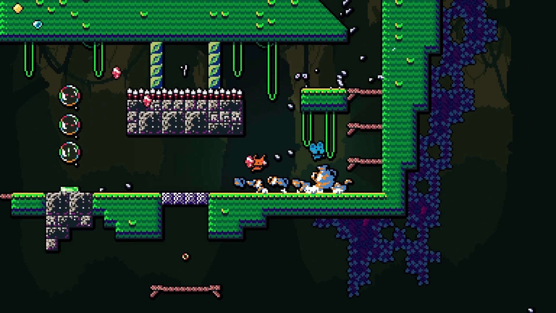 Bobls: Characters bounce on bubbles collecting gemstones in a pixelated forest platform environment