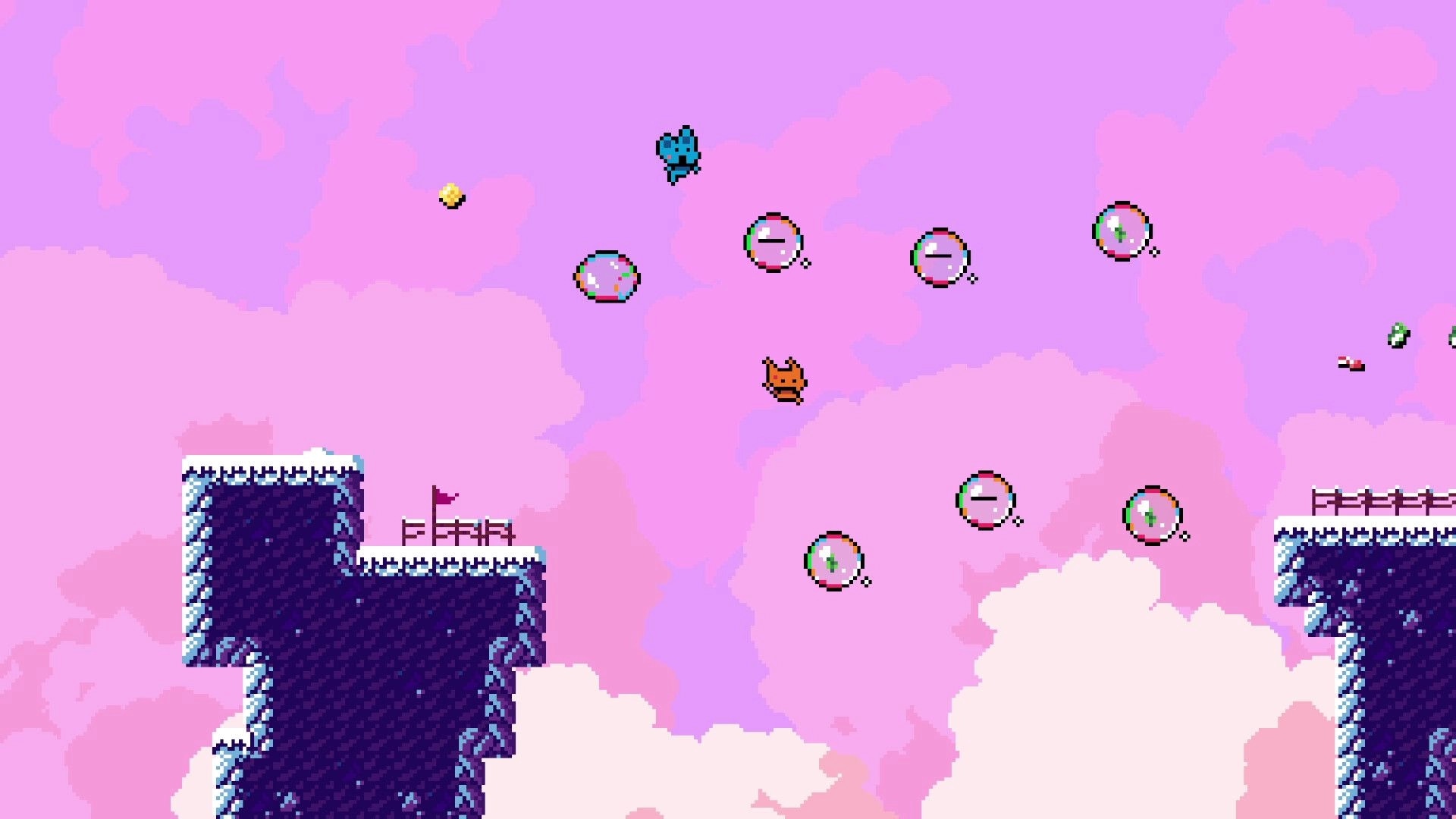Bobls: Two characters bouncing on bubbles in a pink sky with floating platforms and a distant flag.