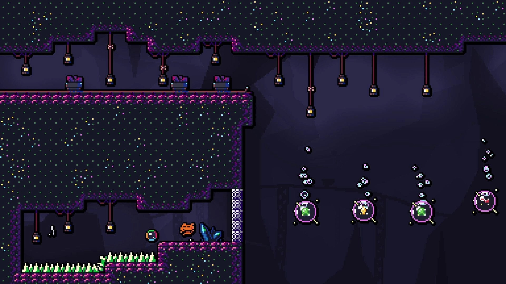 Bobls: Character navigates underground cave with gems and bubbles in pixel art platformer environment