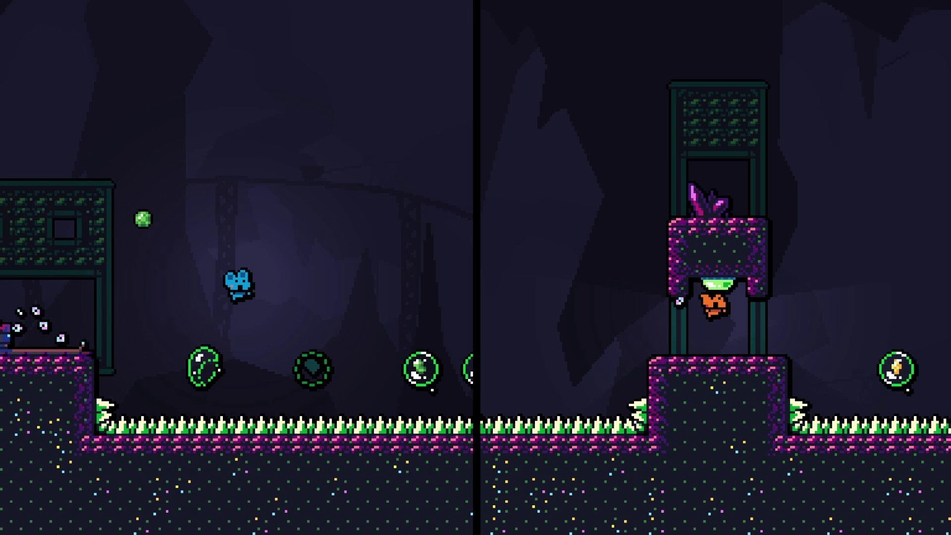 Bobls: Split-screen gameplay with characters bouncing on bubbles in a dark cavern environment
