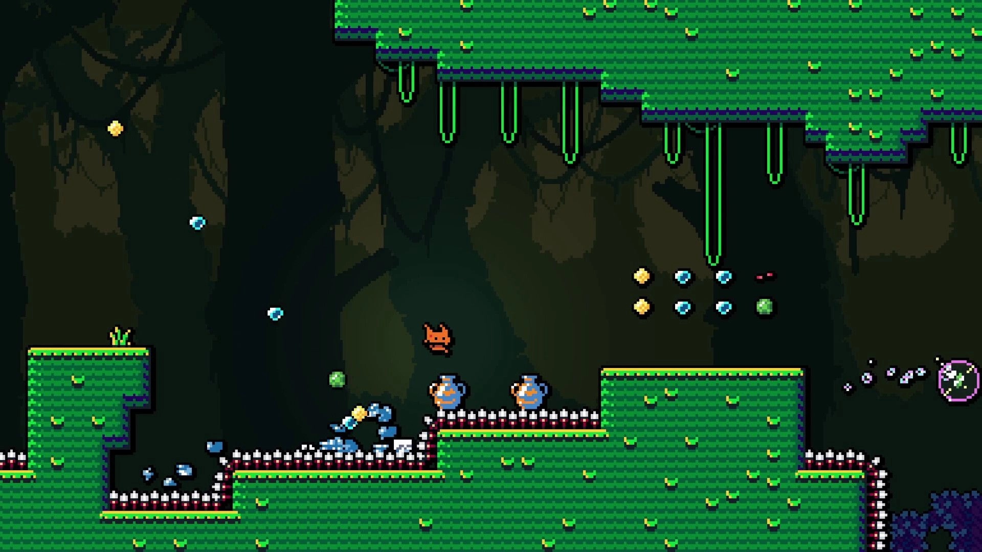 Bobls: Character bounces on bubbles collecting gemstones in a lush forest platforming level with spikes.