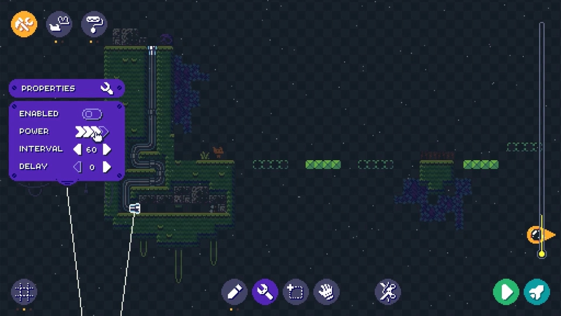 Bobls: Level editor interface with properties menu, green platforms, and tool icons in a starry sky setting.